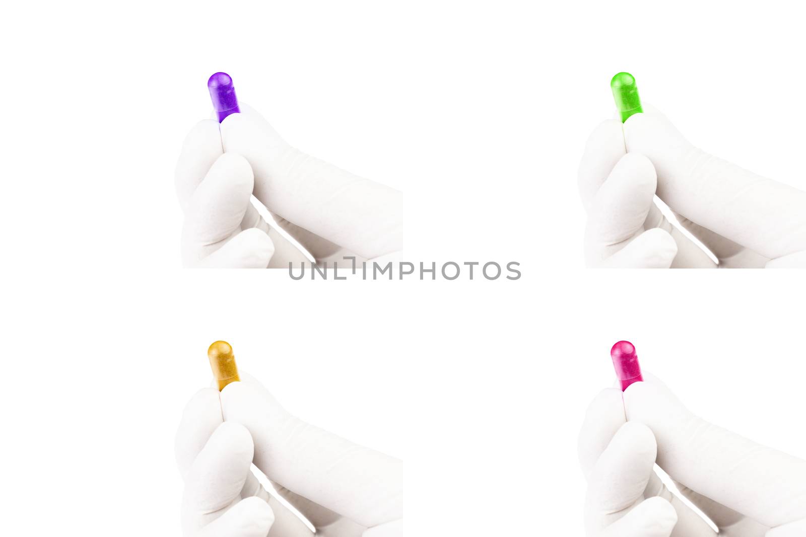 set of hand in medical glove holding colored organic med capsule isolated on white background closeup.