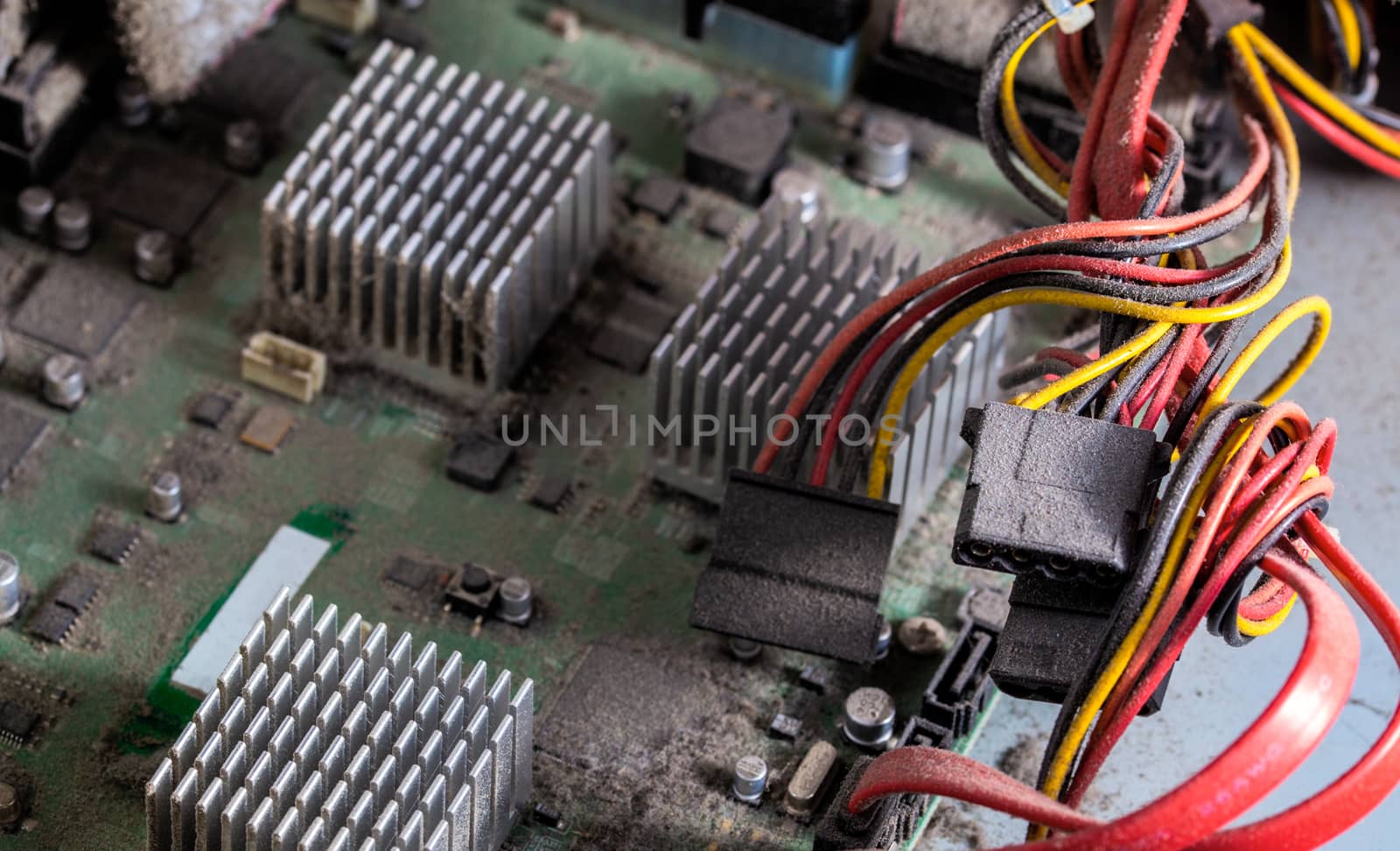 dusty pc electronic hardware closeup with selective focus.