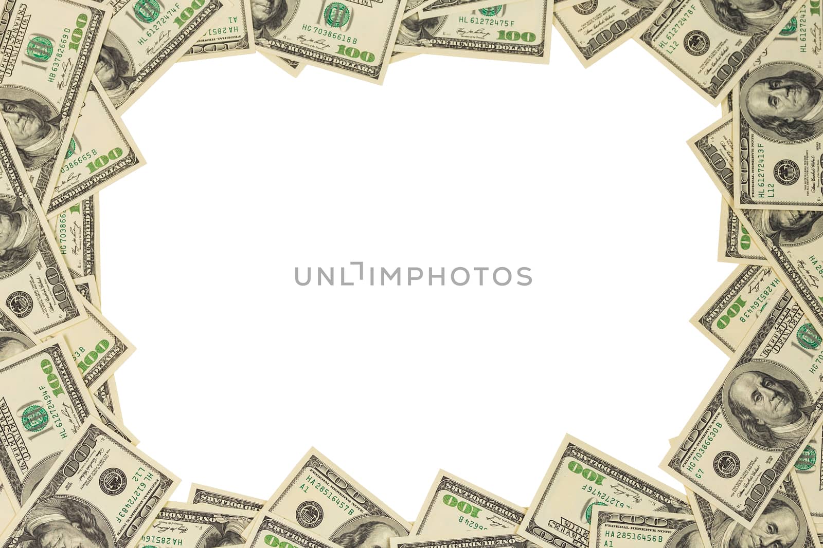 United States one hundred dollar banknote frame mockup isolated on white background.