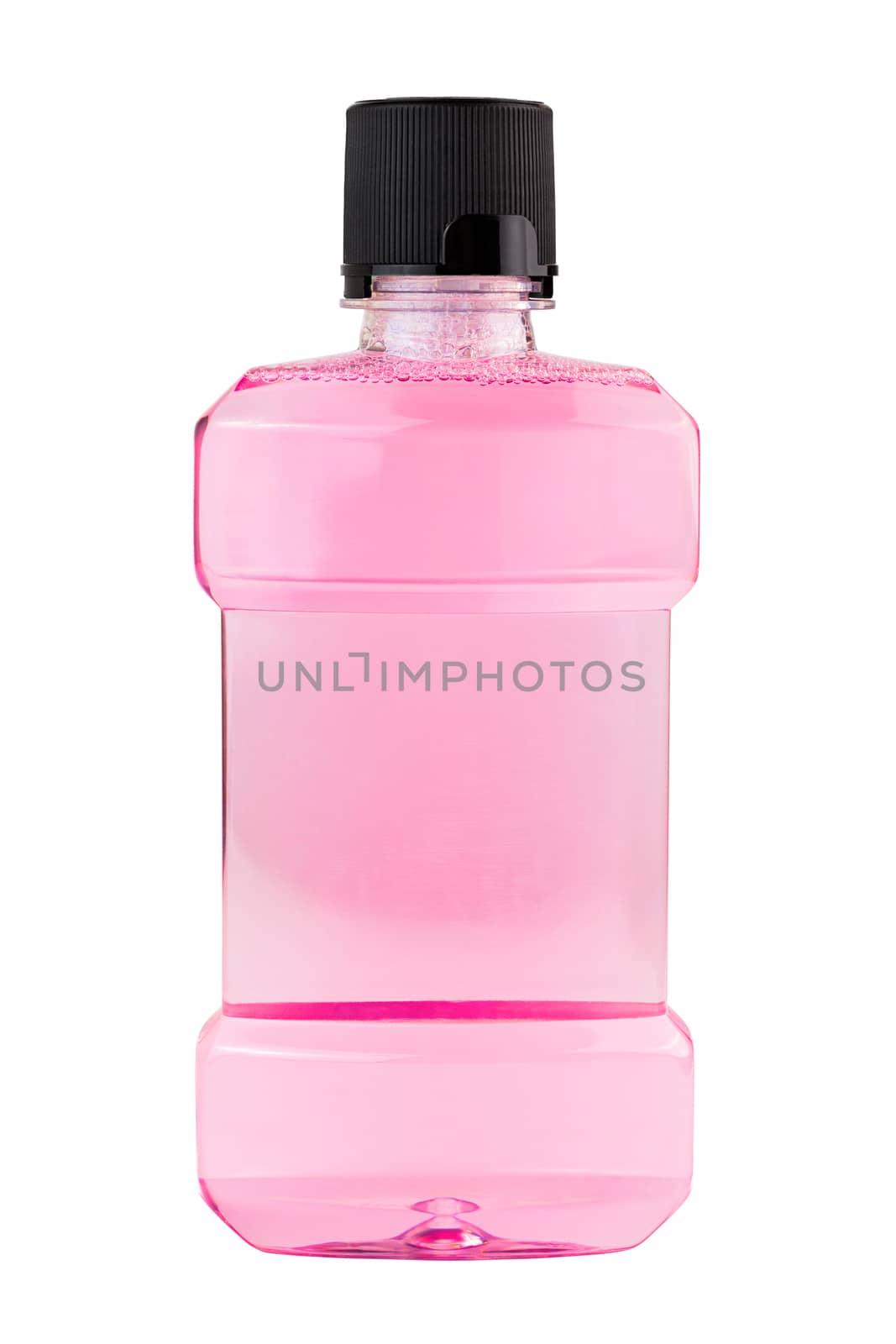 A plastic bottle of pink water mouthwash isolated on white background.