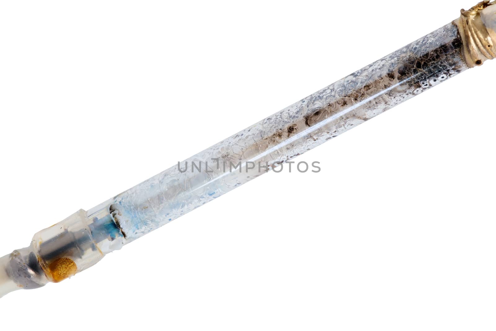 broken xenon flashgun lamp closeup isolated on white background.