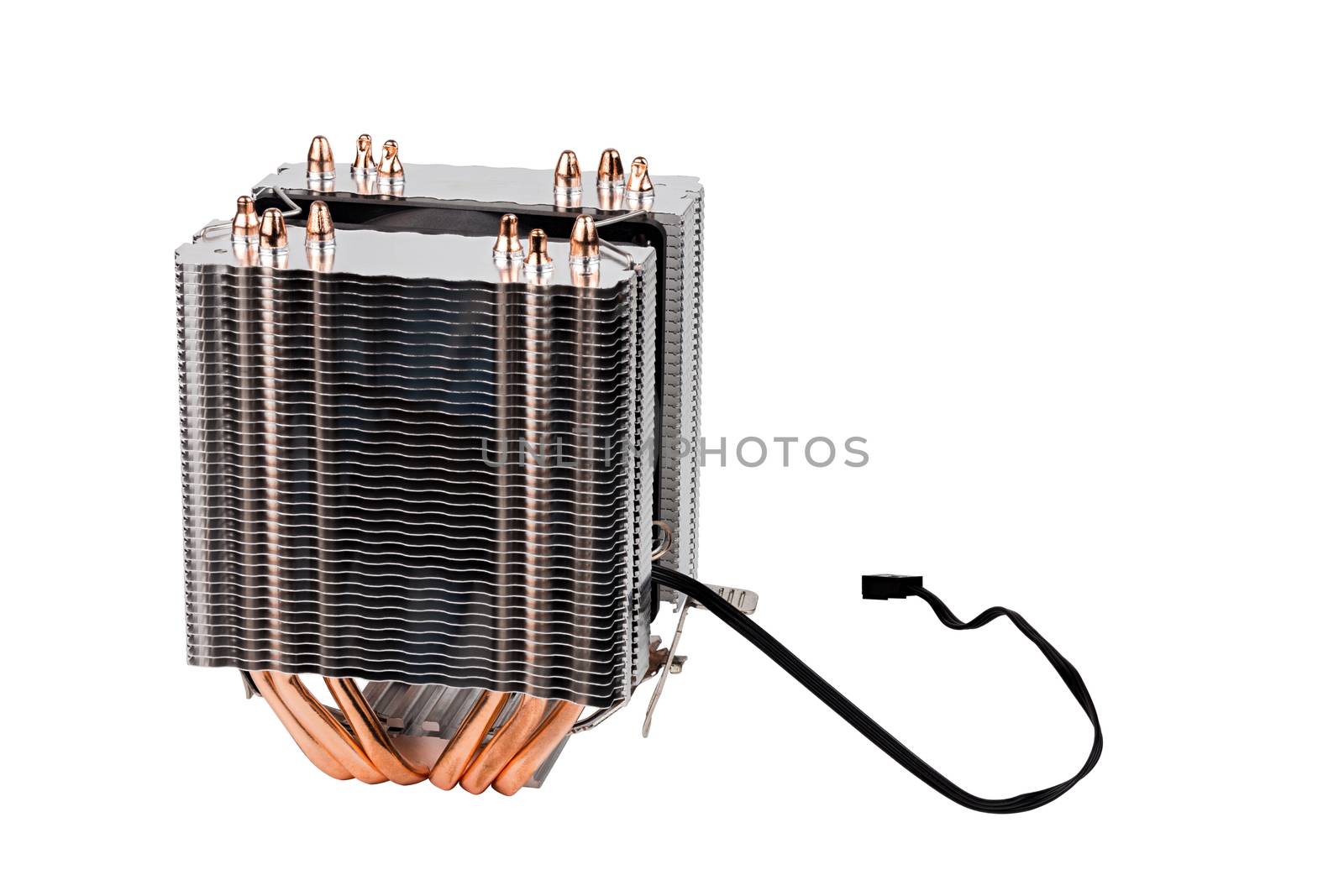 chinese noname tower-type cpu cooler with six copper heatpipes isolated on white background.