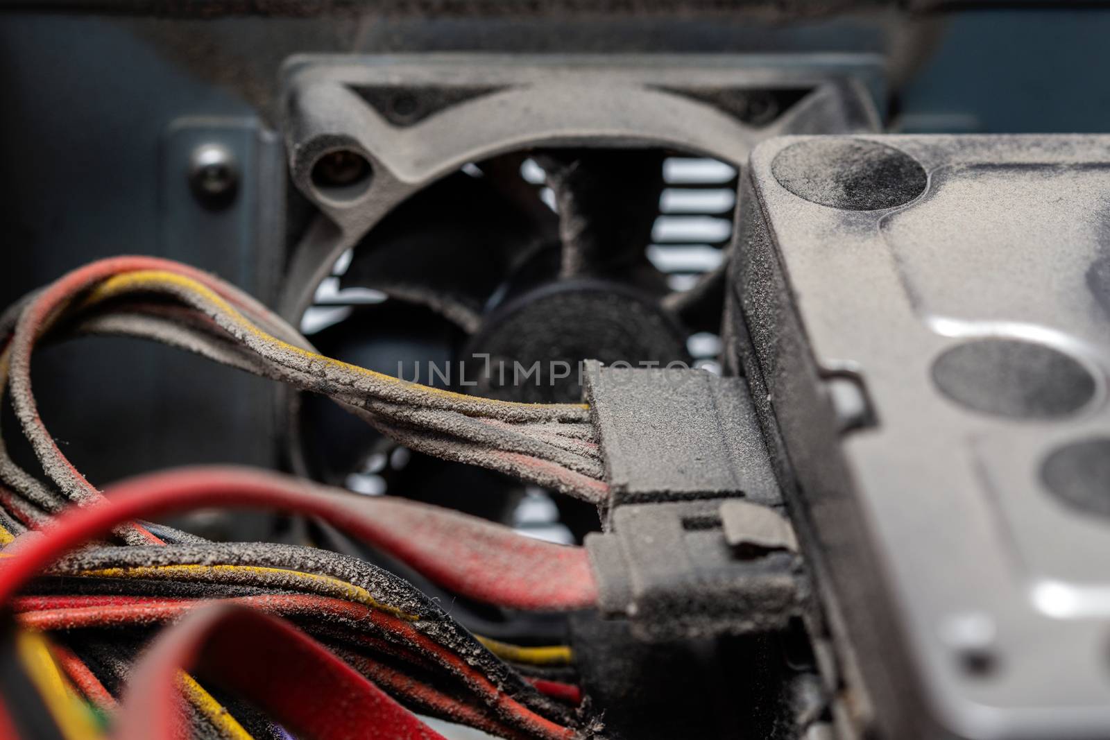dusty pc electronic hardware closeup with selective focus.