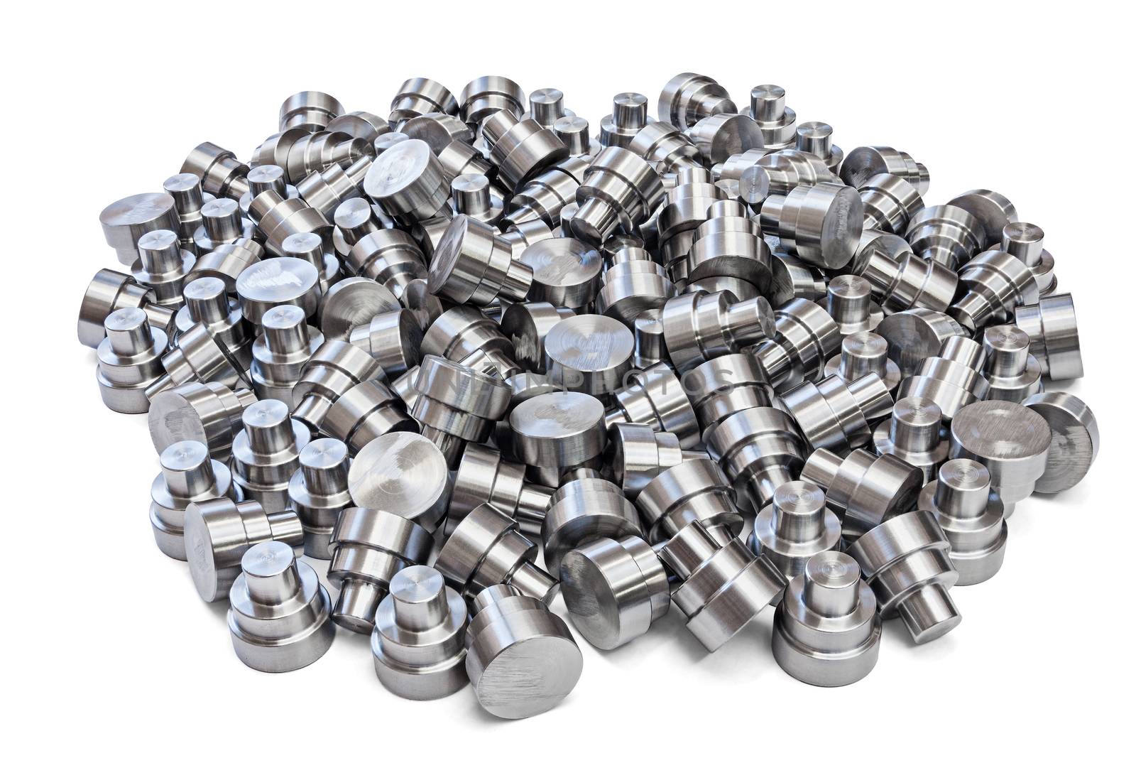 batch of shiny steel cnc turned parts isolated on white background.