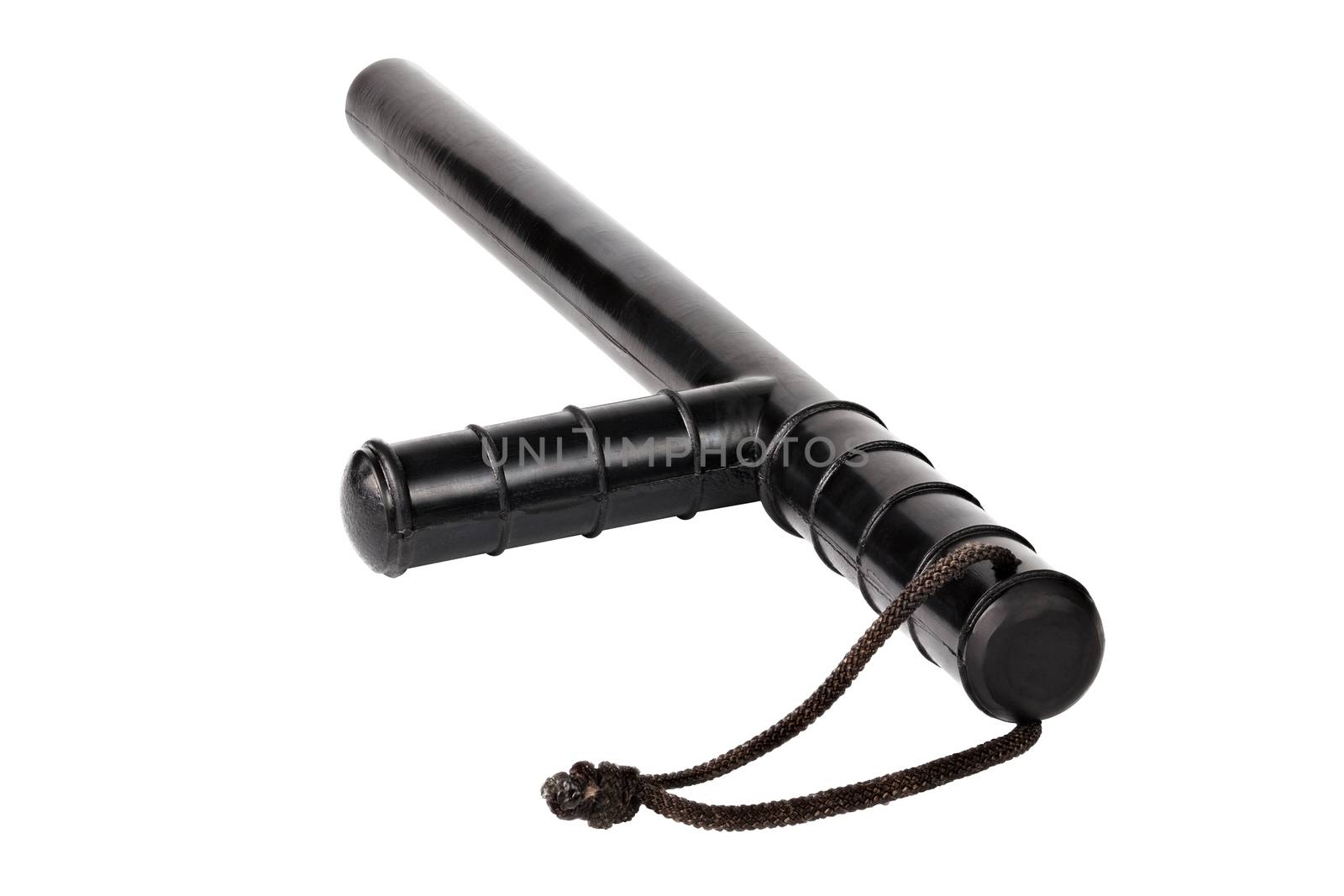 Black classic rubber police baton with lanyard isolated on white background. Isometric diagonal view. Shadowless.
