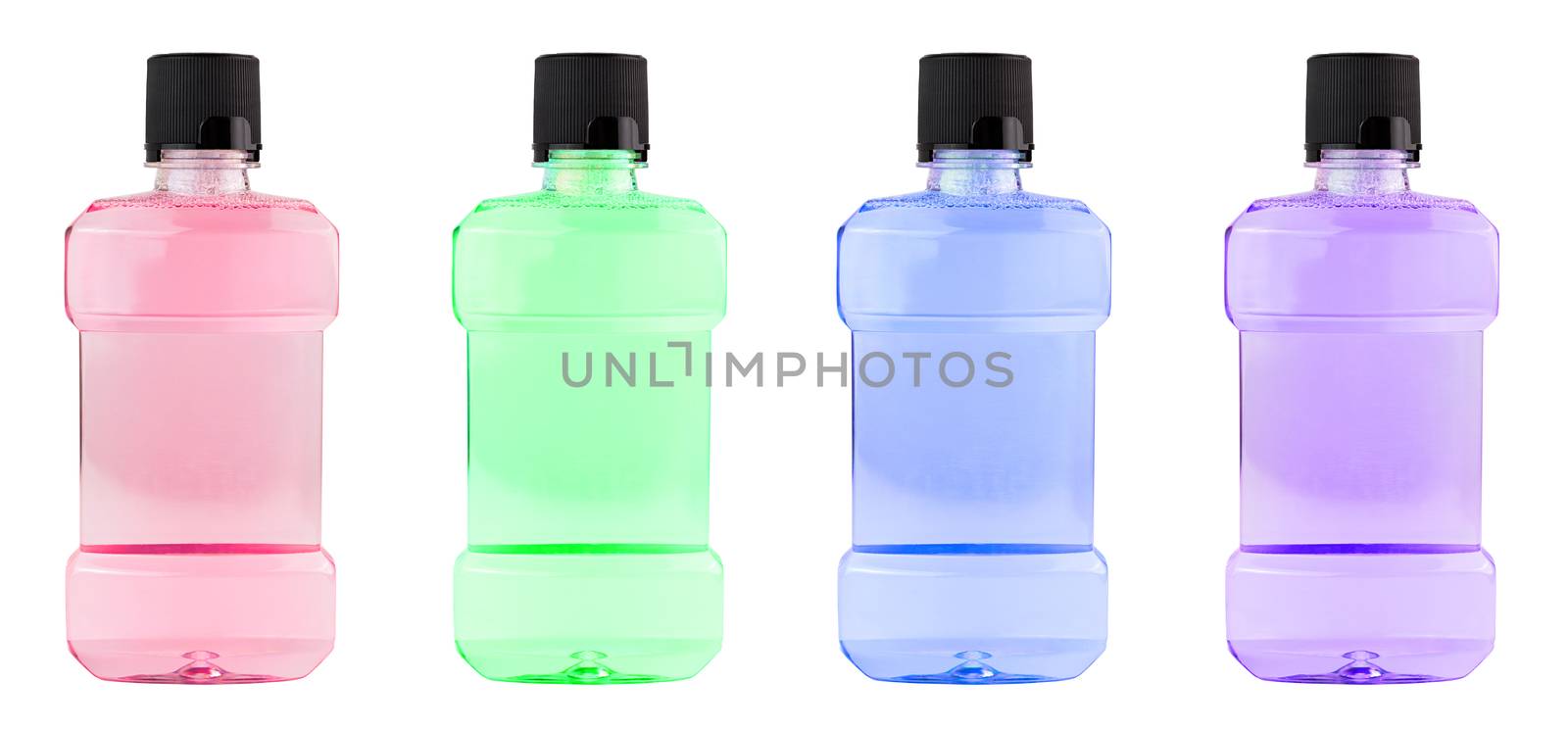 A set of colored plastic bottles of water mouthwash isolated on white background.