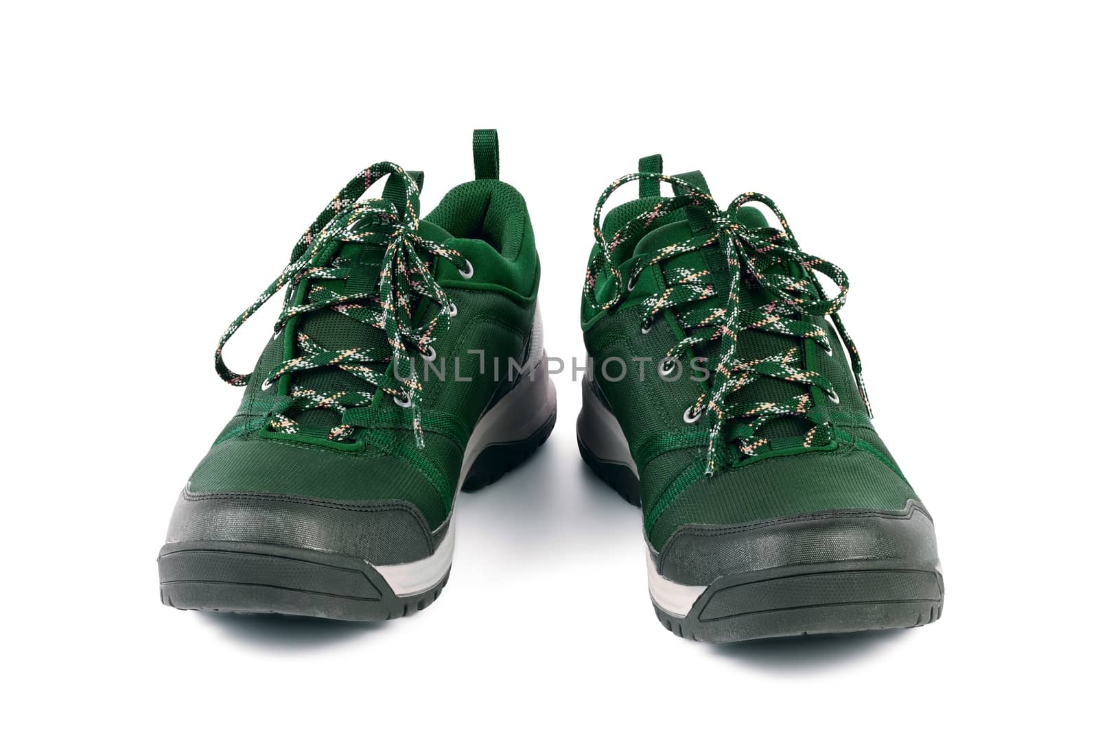 black and green outdoor empty lightweight waterproof breathable fabric sneakers isolated on white background.