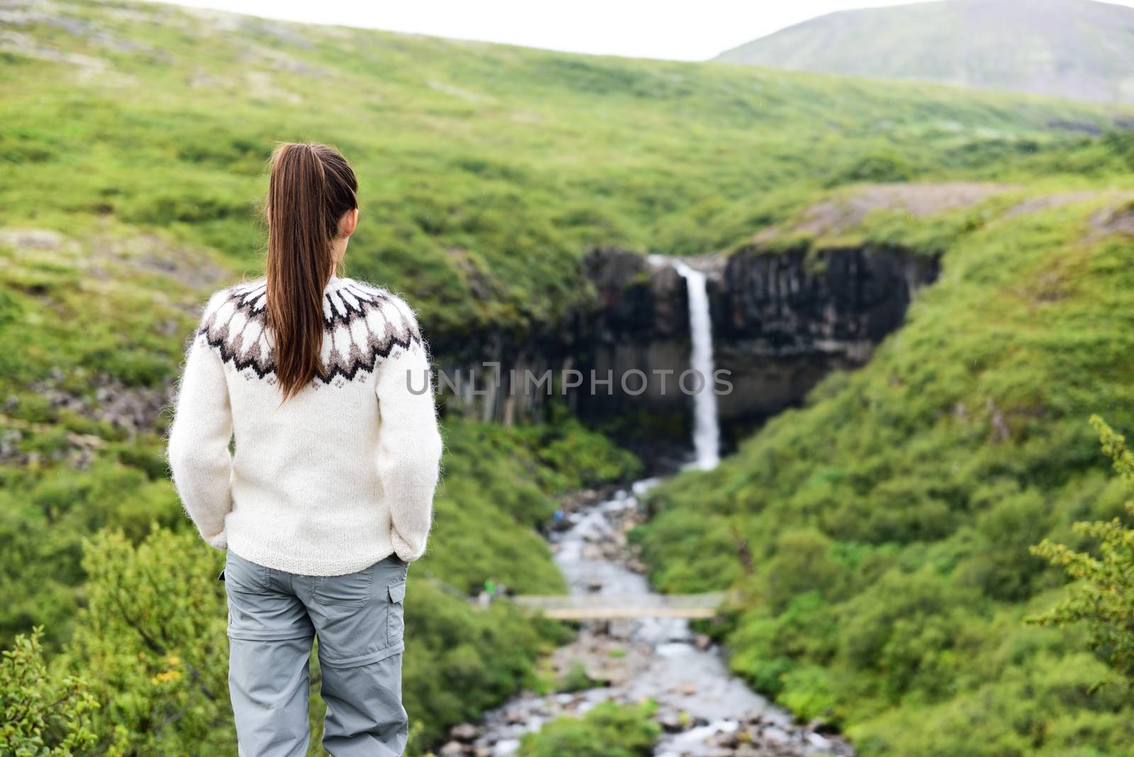 Iceland. Woman hiking looking at Svartifoss waterfall. Female is visiting famous tourist attraction of Iceland. Spectacular natural landmark on vacation in Skaftafell. Icelandic nature landscape by Maridav