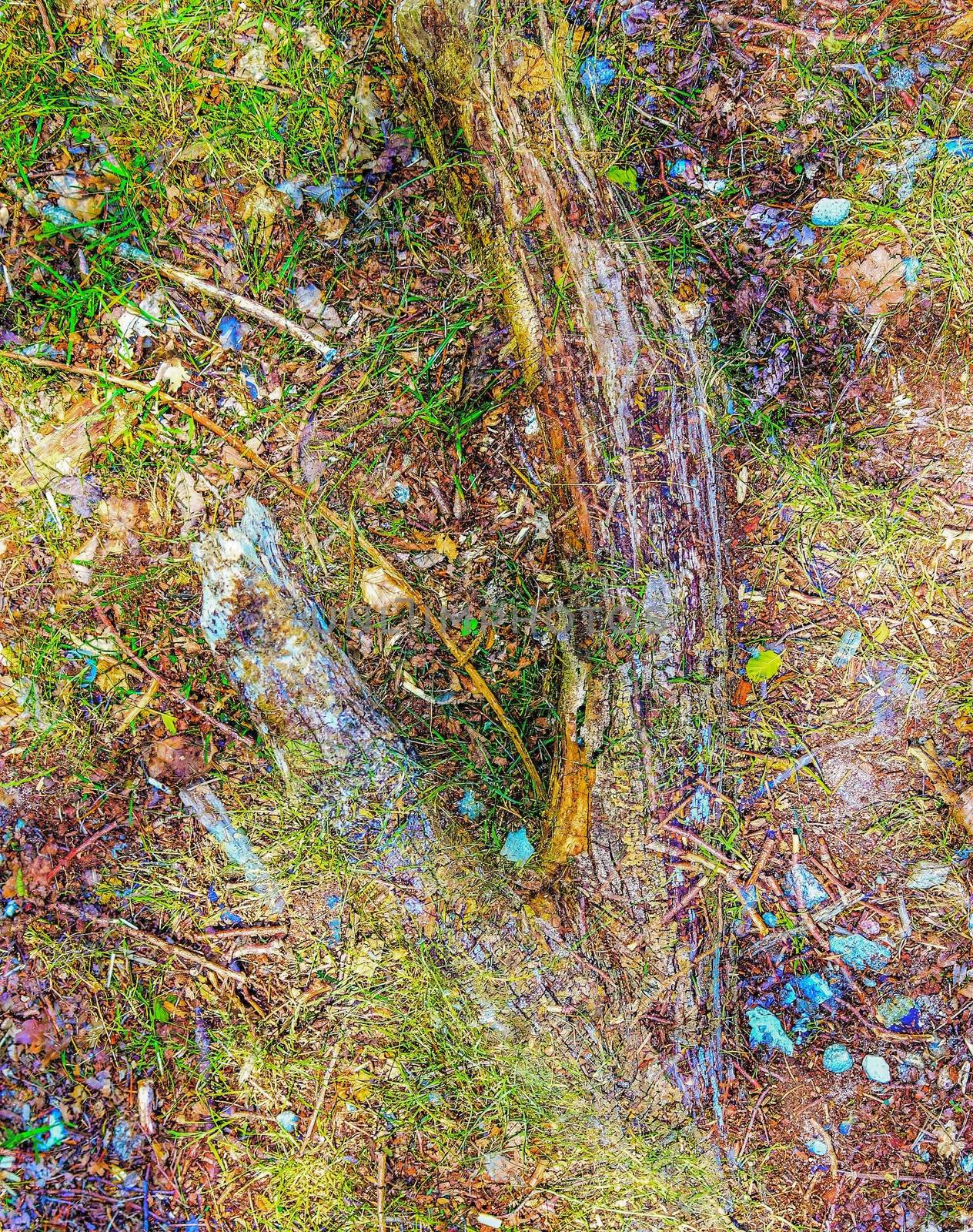 Detailed close up view on a forest ground texture with moss and branches found in a european forest