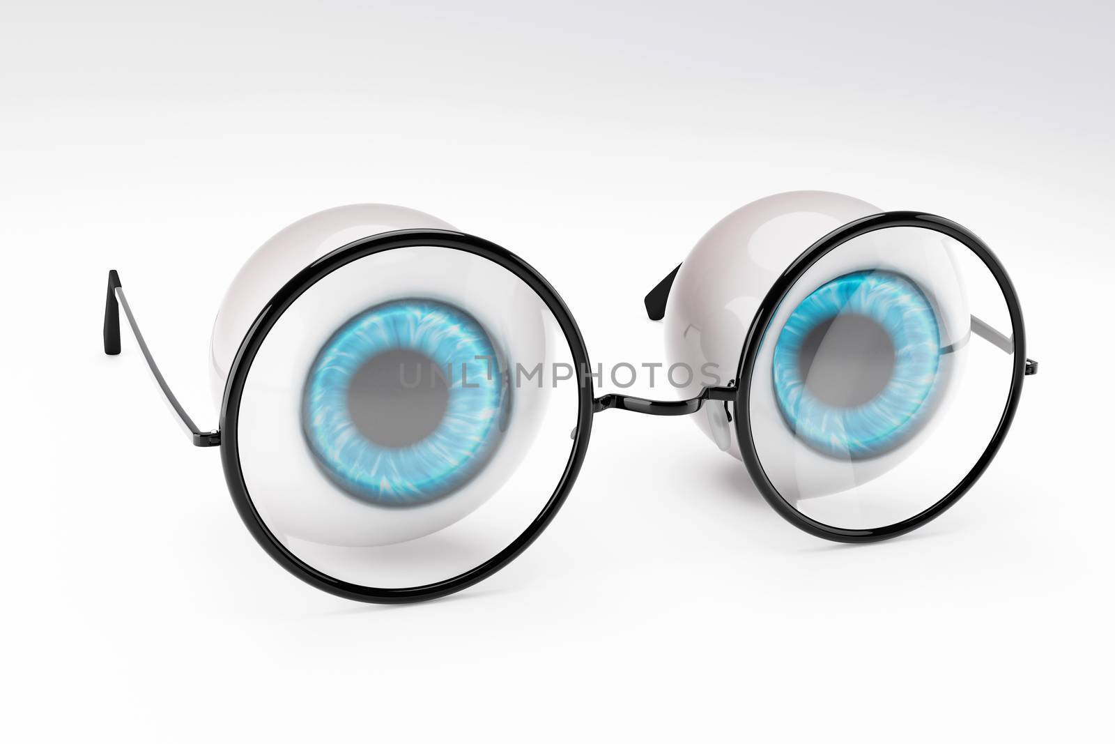 The blue eyeball of the human eye and black round glasses put on white background. The concept of people is eye problems or nearsightedness in a surreal style. 3D illustration rendering.