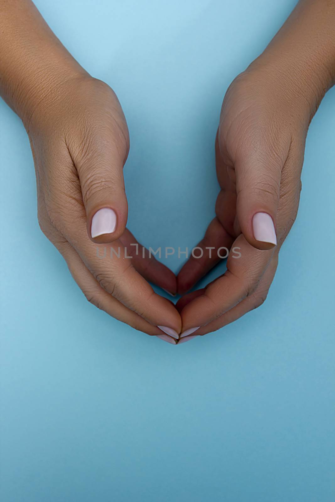 Folded female hands on a blue background