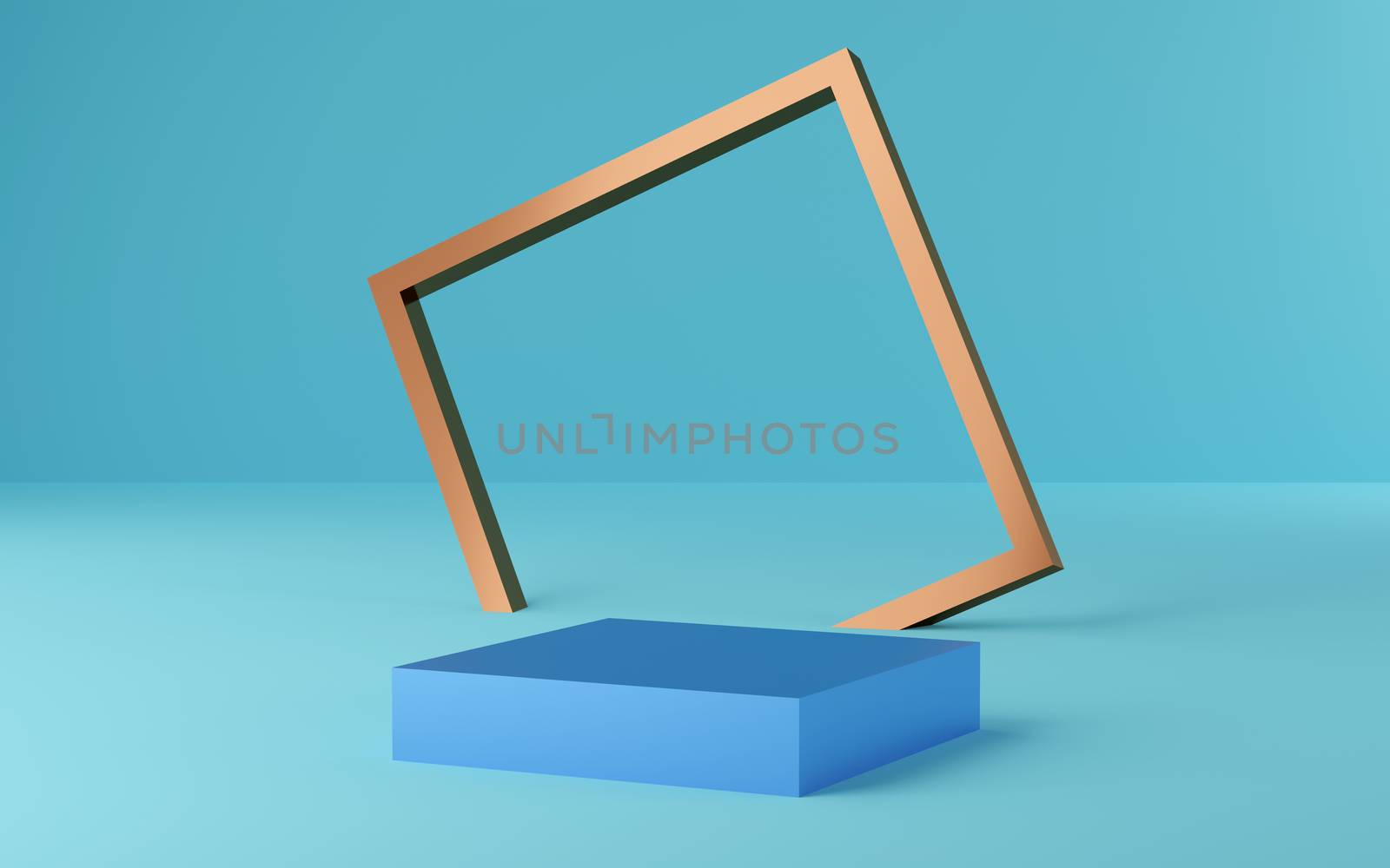 Empty blue cube podium with gold frame on blue background. Abstract minimal studio 3d geometric shape object. Mockup space for display of product design. 3d rendering.