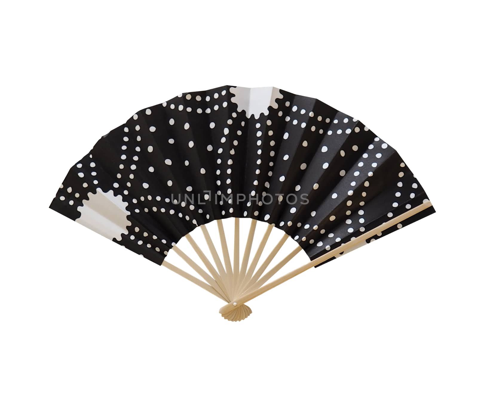Japanese paper fan and black color and made from paper and white background.