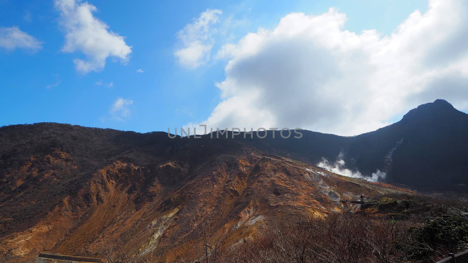 Hill and clear blue sky and white clouds and outdoor nature landscape.