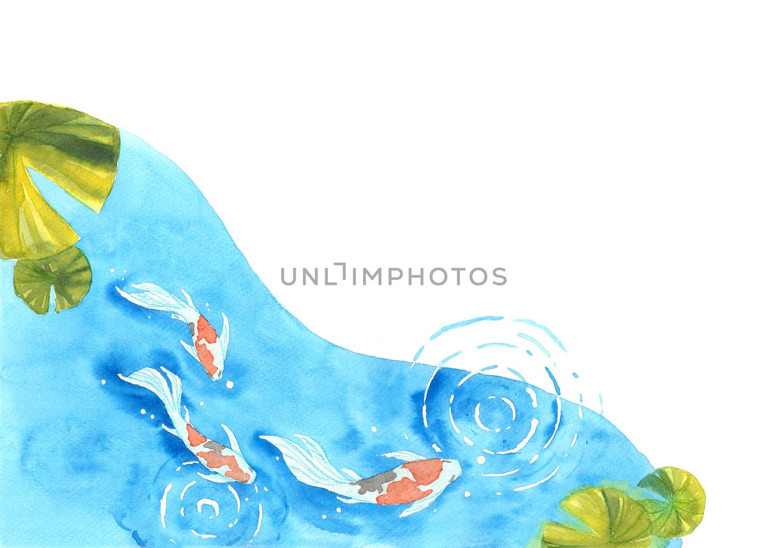 Frame of beautiful  brilliantly colored Koi Carp fish in a pond. Watercolor hand painting  for decoration on wallpaper, cover page, template, postcard, poster.  symbol of good luck and prosperity.