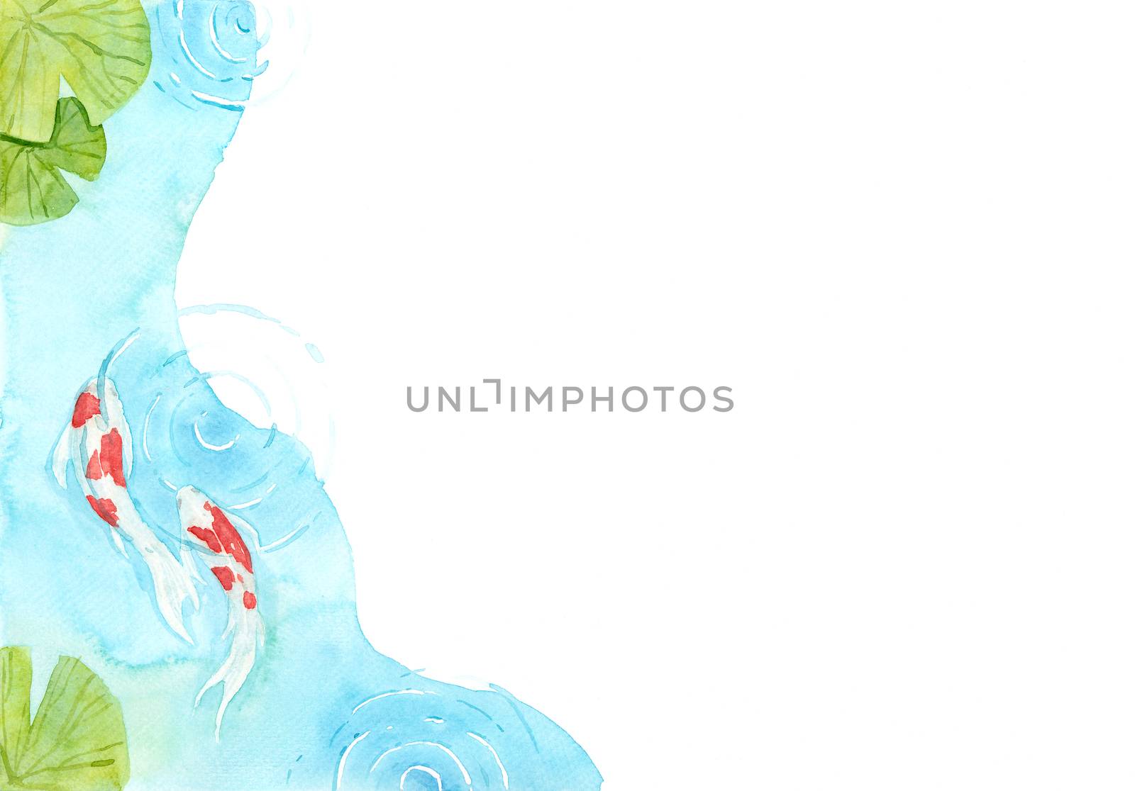 Frame of beautiful and brilliantly colored Koi Carp fish in a pond. Watercolor hand painting for decoration on wallpaper, cover page, template, postcard, poster. symbol of good luck and prosperity. by Ungamrung