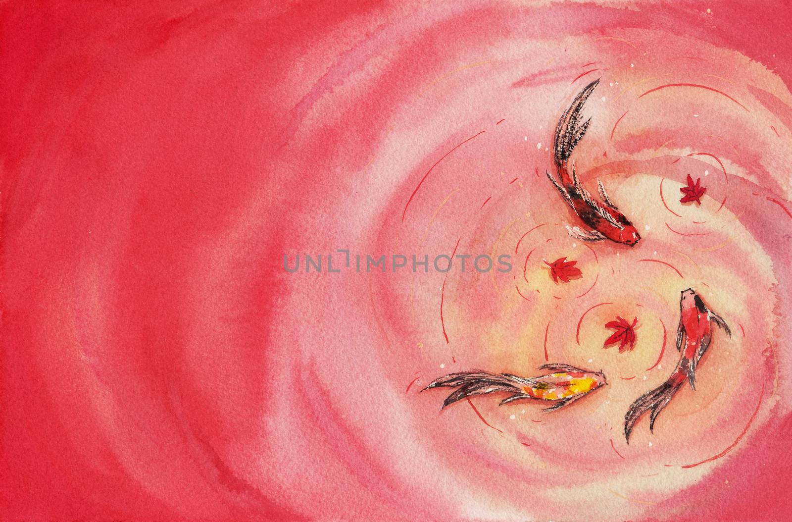 Beautiful and brilliantly colored Koi Carp fish & colorful maple leaves in a pool with fall leaves. Watercolor hand painting.  symbol of good luck and prosperity. Autumn scenery.