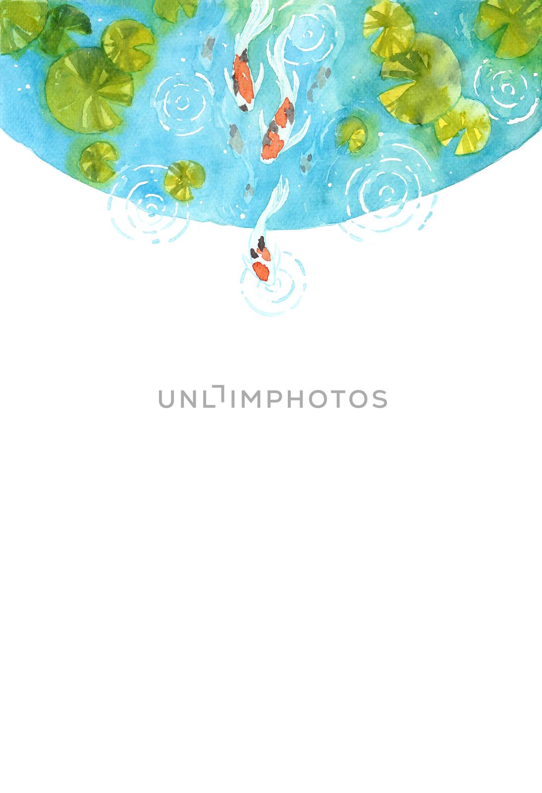Frame of beautiful brilliantly colored Koi Carp fish in a pond. Watercolor hand painting for decoration on wallpaper, cover page, template, postcard, poster. symbol of good luck and prosperity. by Ungamrung