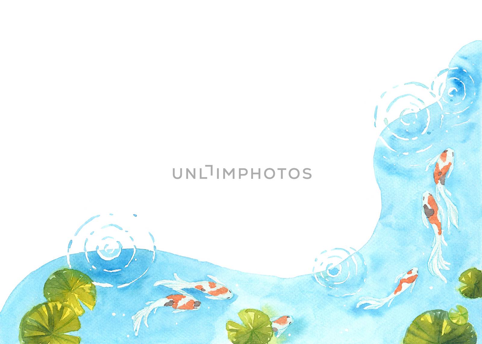 Frame of beautiful brilliantly colored Koi Carp fish in a pond. Watercolor hand painting for decoration on wallpaper, cover page, template, postcard, poster. symbol of good luck and prosperity. by Ungamrung