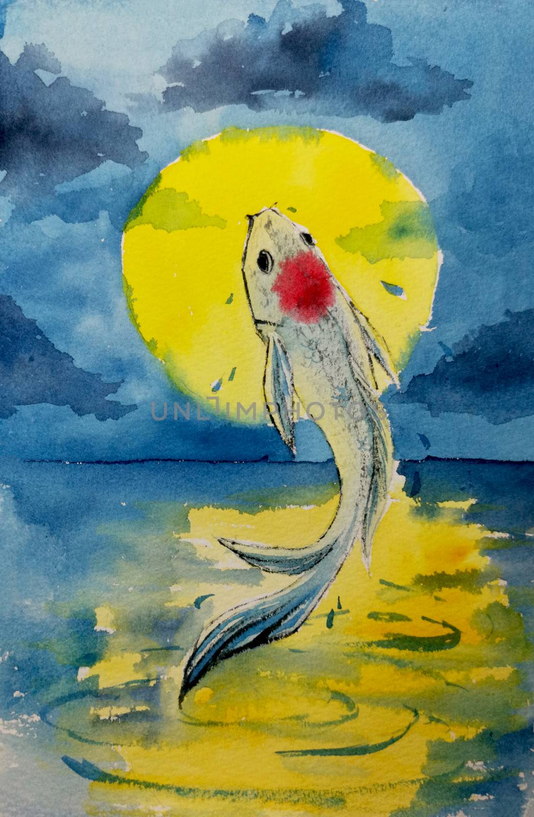 a koi fish jumped to the surface in fullmoon night. Watercolor hand painting. symbol of good luck and prosperity.