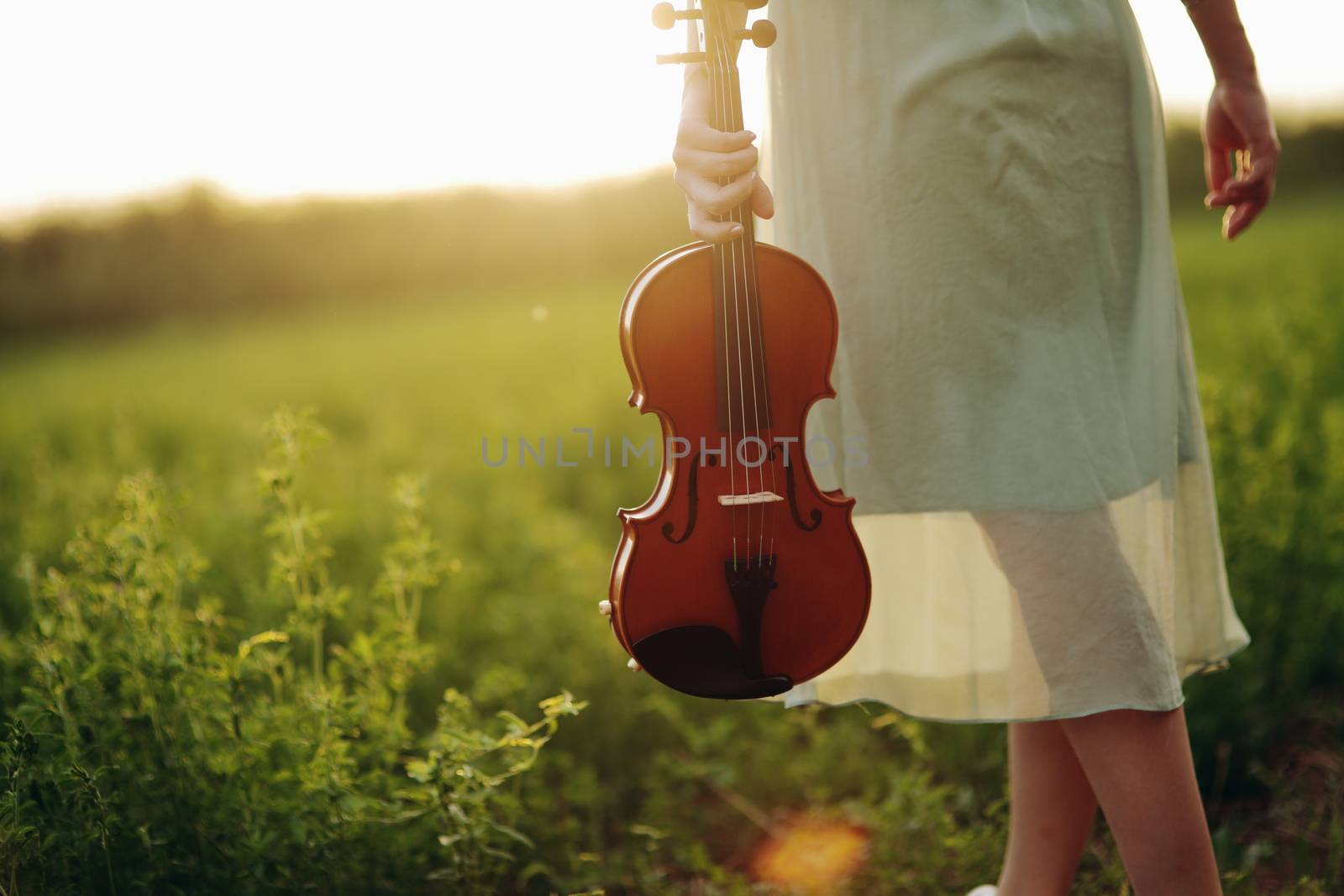 Violin in the hands of a young female violinist in the sunset light.  by selinsmo