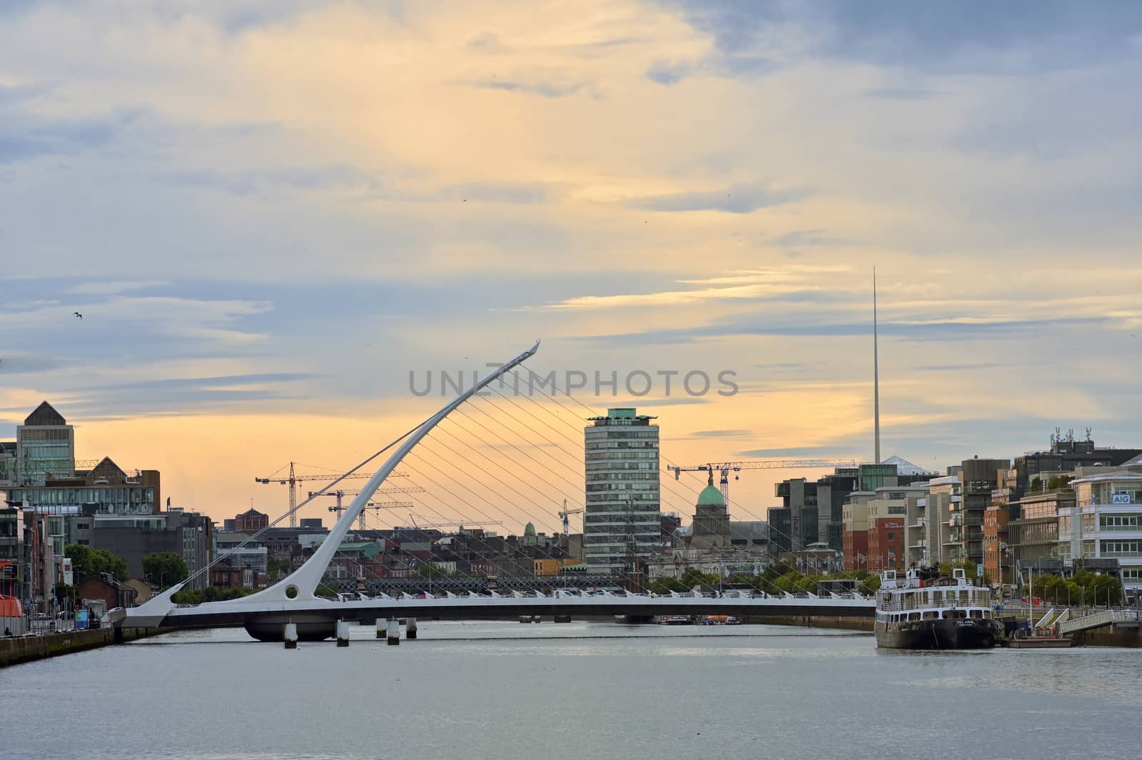 Dublin, Ireland - July 30, 2020 Samuel Beckett Bridge over the River Liffey at Sunset