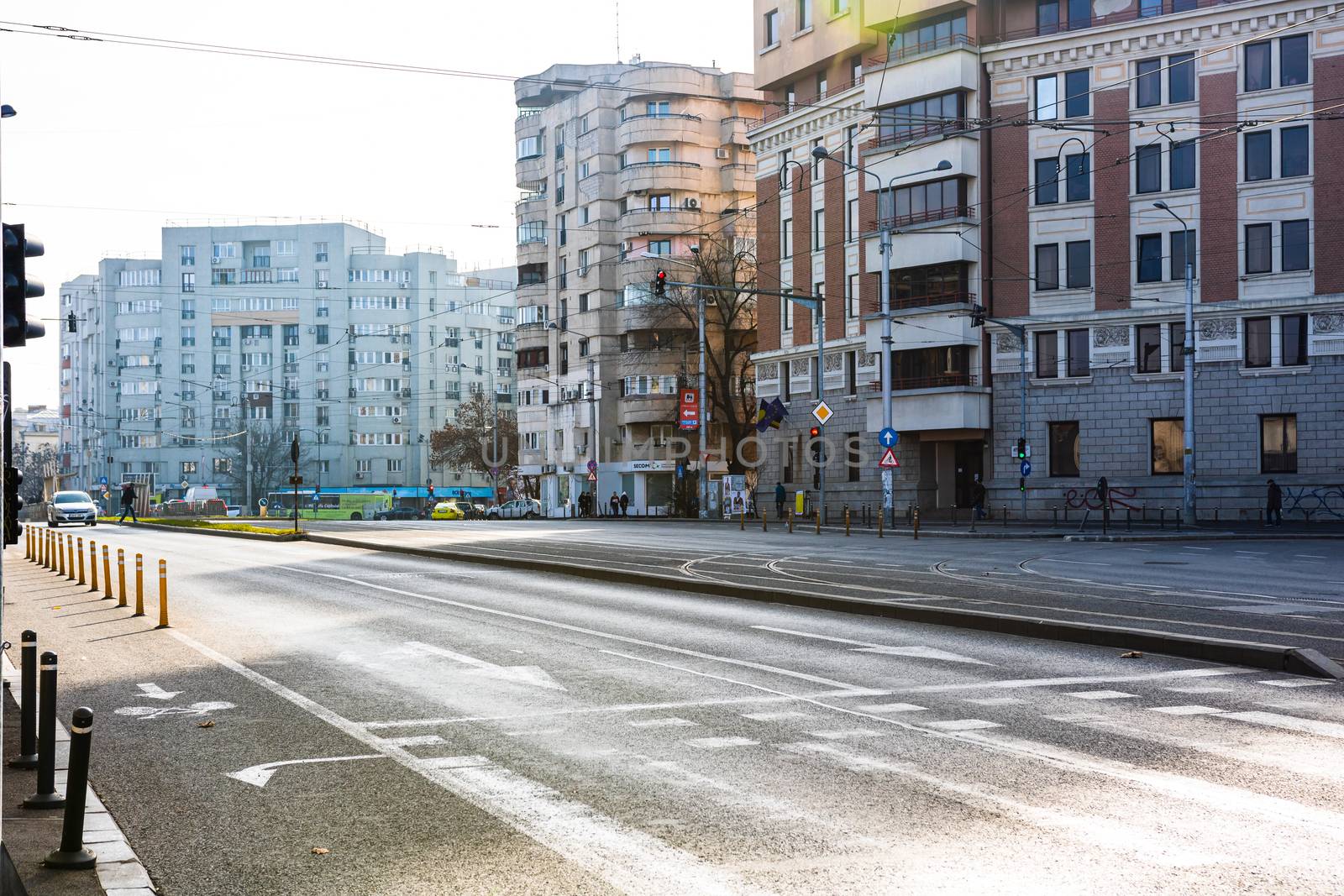 Empty street in downtown of Bucharest, Romania, 2020.