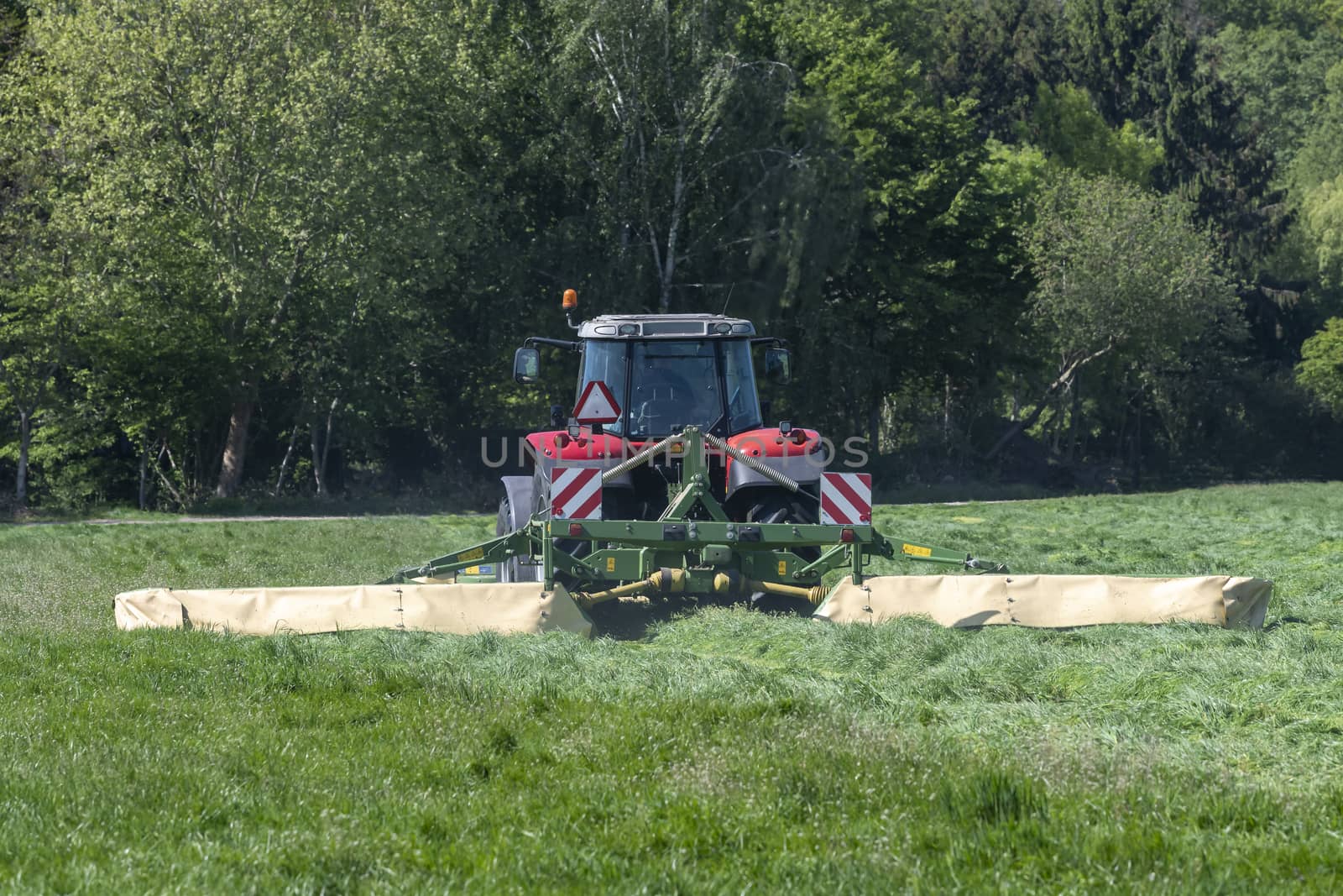 Red tractor mowing tall green grass in early spring in the Nethe by Tofotografie