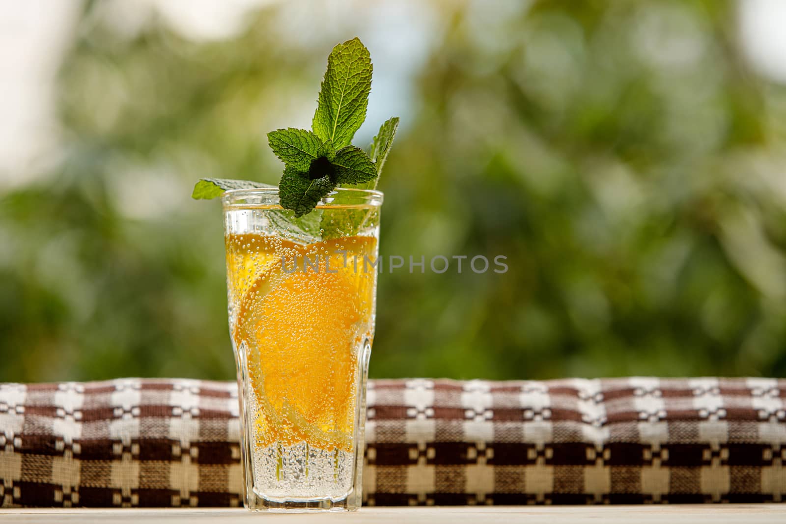 Lemon water with mint in a glass. Summer garden background