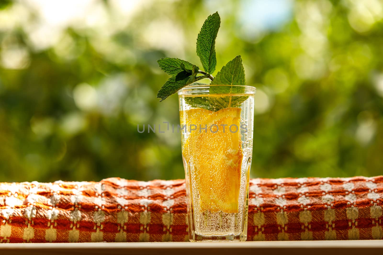 Lemon water with mint in a glass. Summer garden background