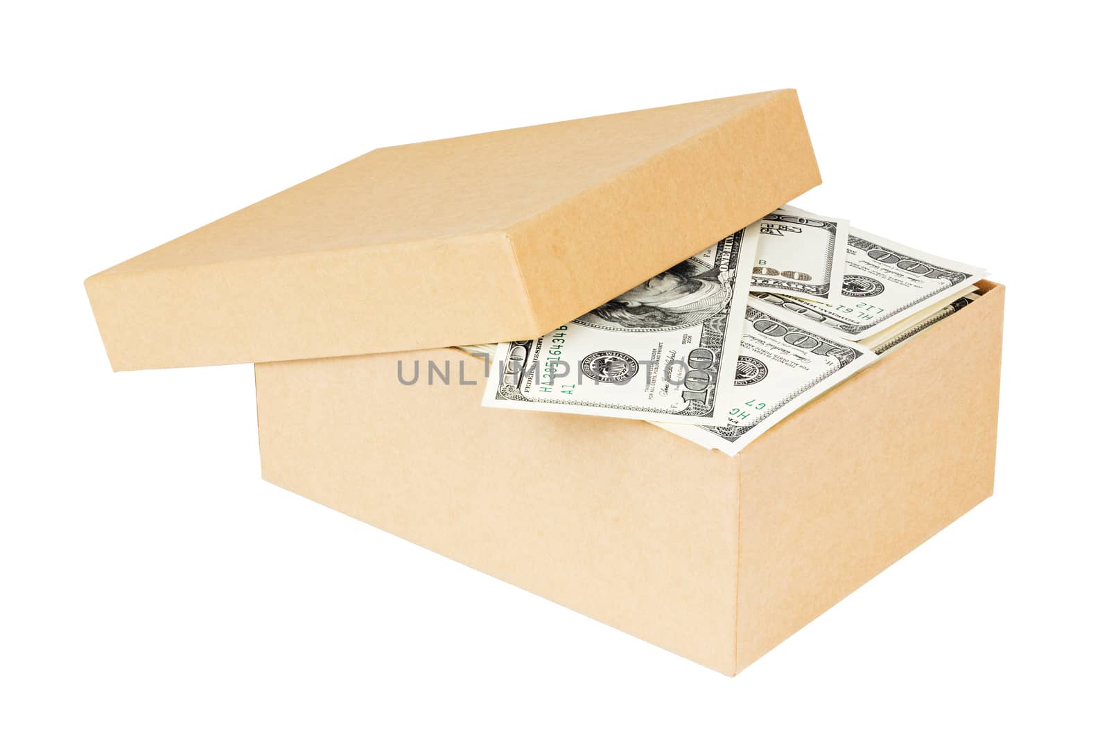 a small cardboard box full of dollar banknotes isolated on white background - with cover