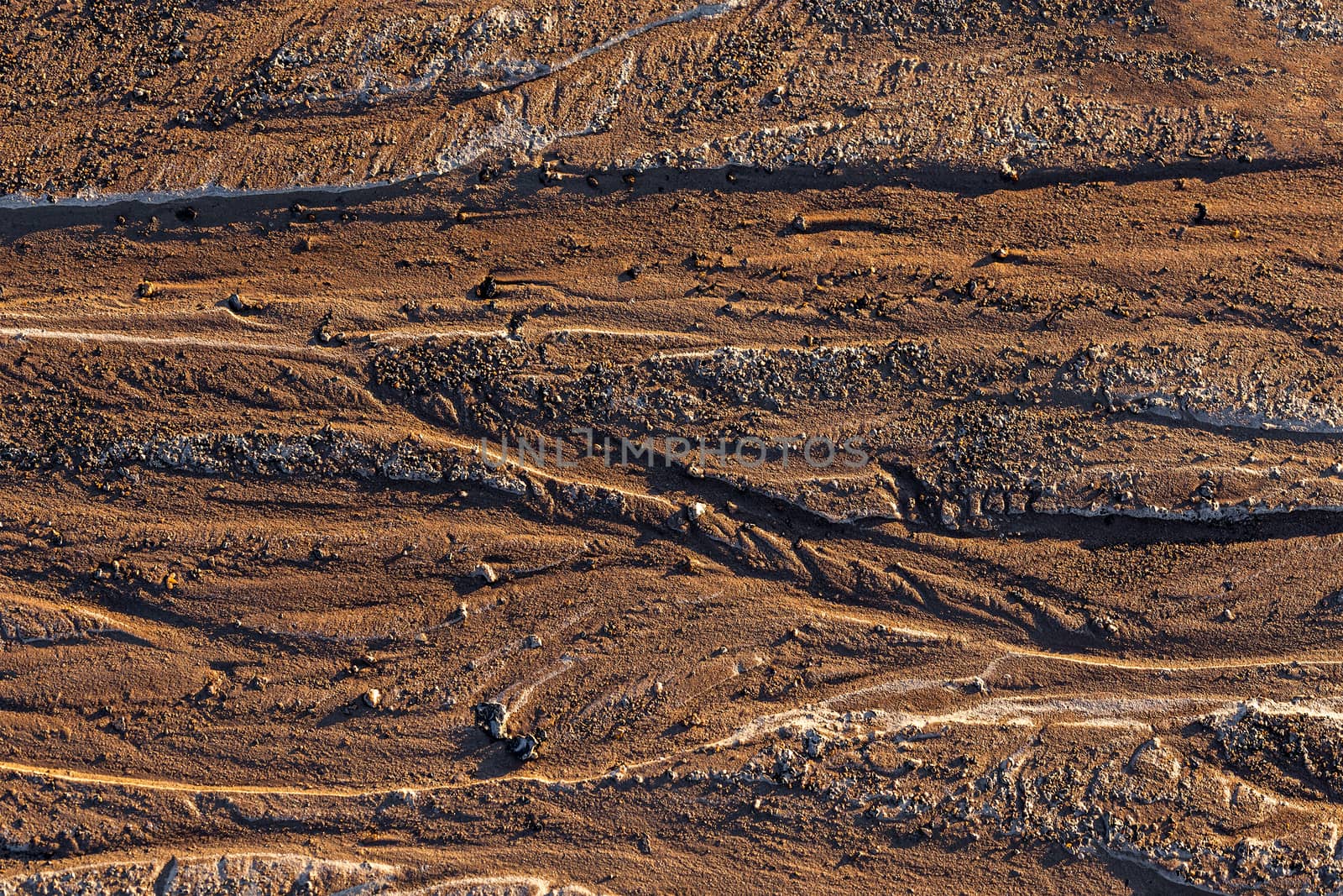 abstract mud background with water washout trails and selective focus.