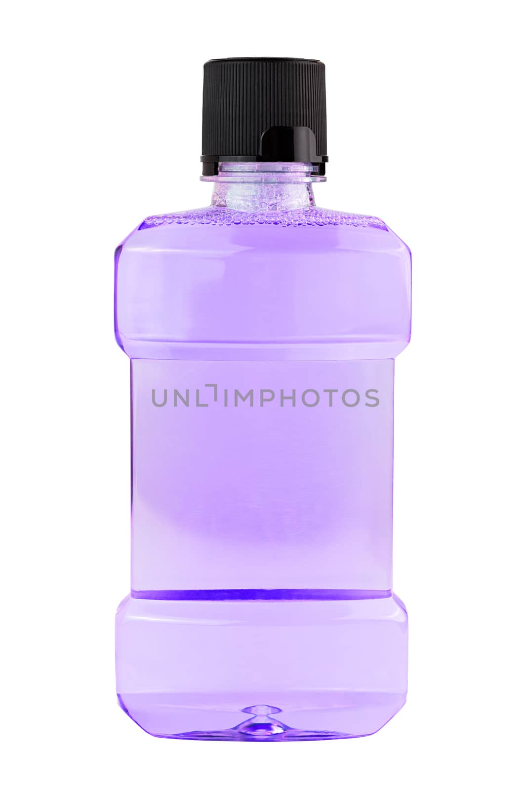 A plastic bottle of pink water mouthwash isolated on white background.