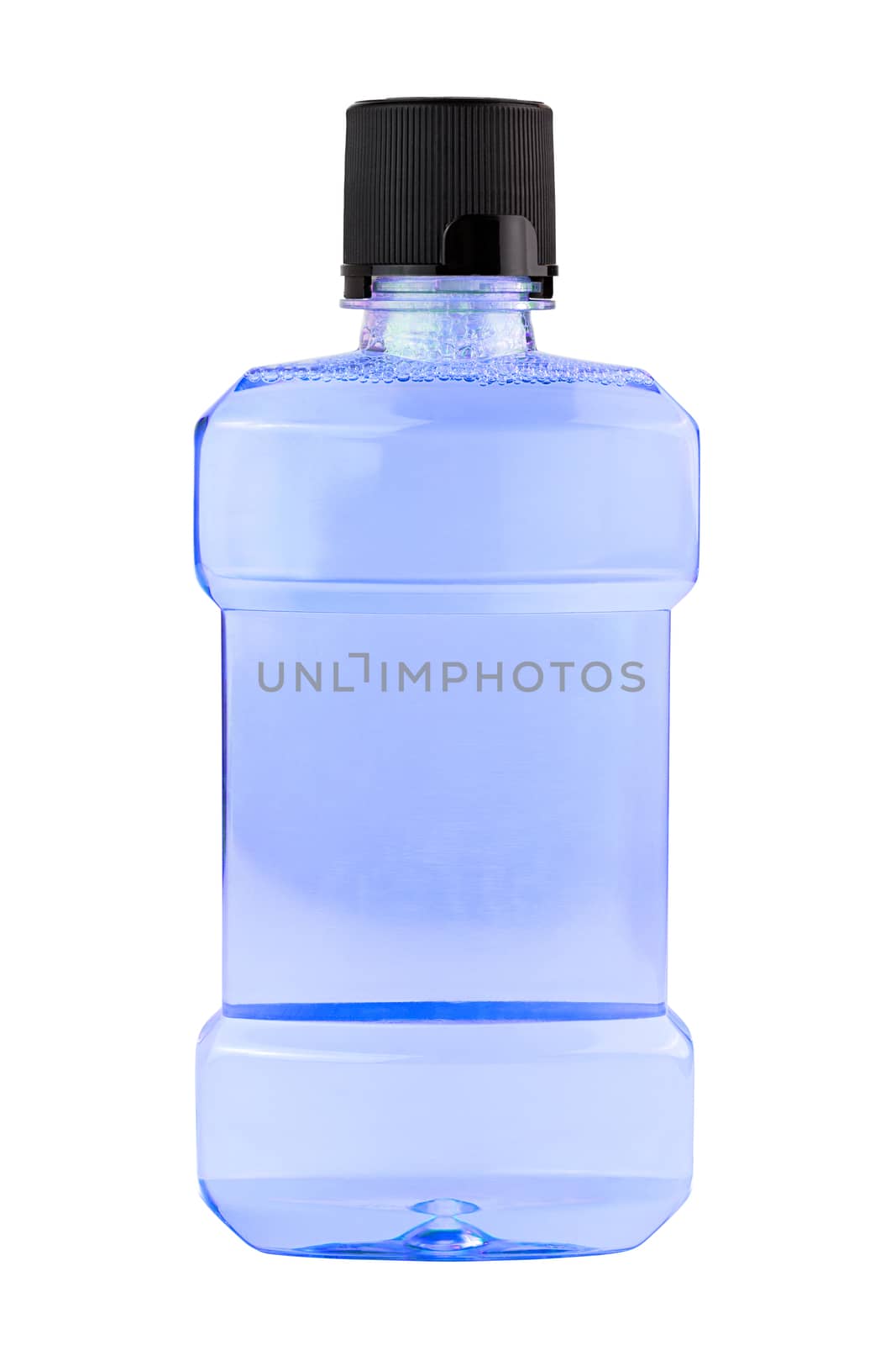 A plastic bottle of pink water mouthwash isolated on white background.