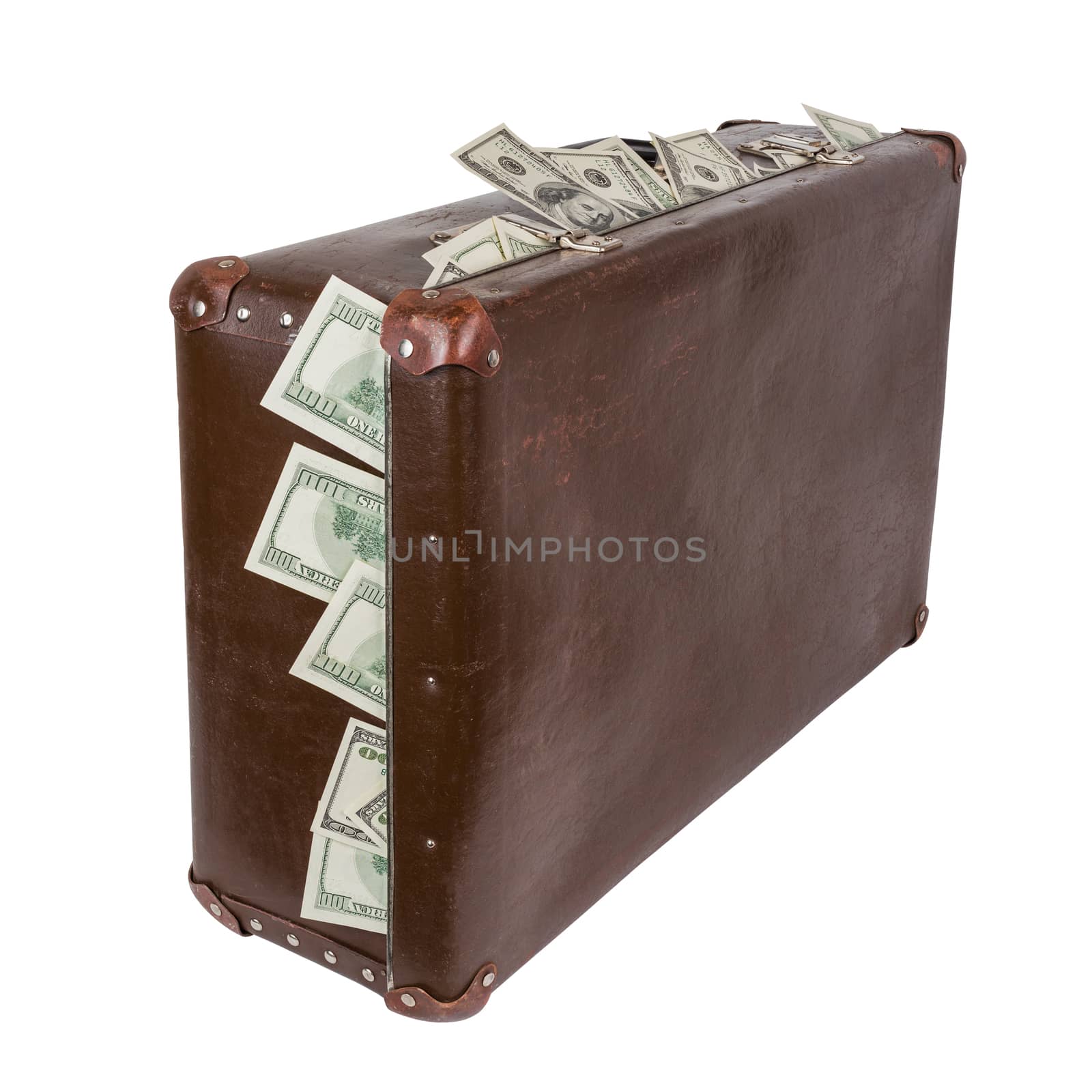 An old closed brown suitcase with sticking out dollar banknotes. Standing up and isolated on white background. by z1b