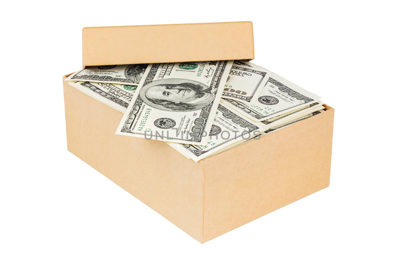 a small cardboard box with dollar banknotes isolated on white background - with cover