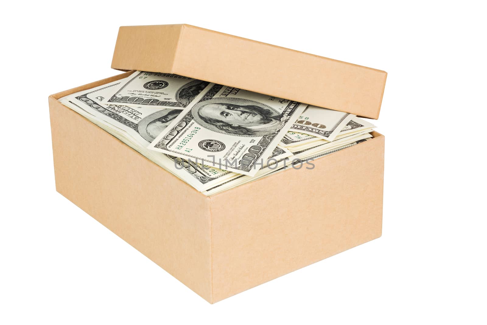 a small cardboard box with dollar banknotes isolated on white background - with cover