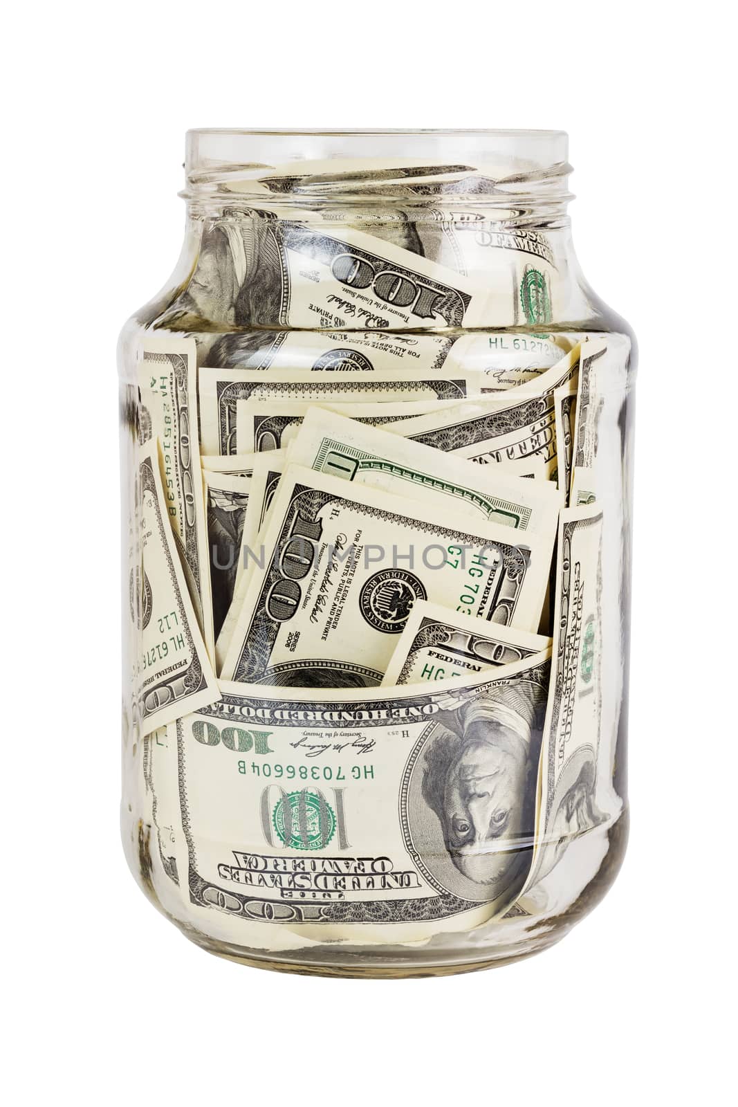A hundred US dollars bank notes in a glass jar isolated on white background. Opened without cap.