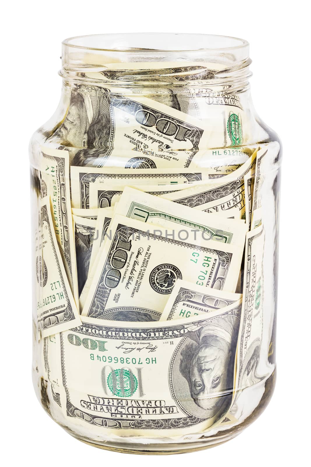 A hundred US dollars bank notes in a glass jar isolated on white background. Opened without cap.