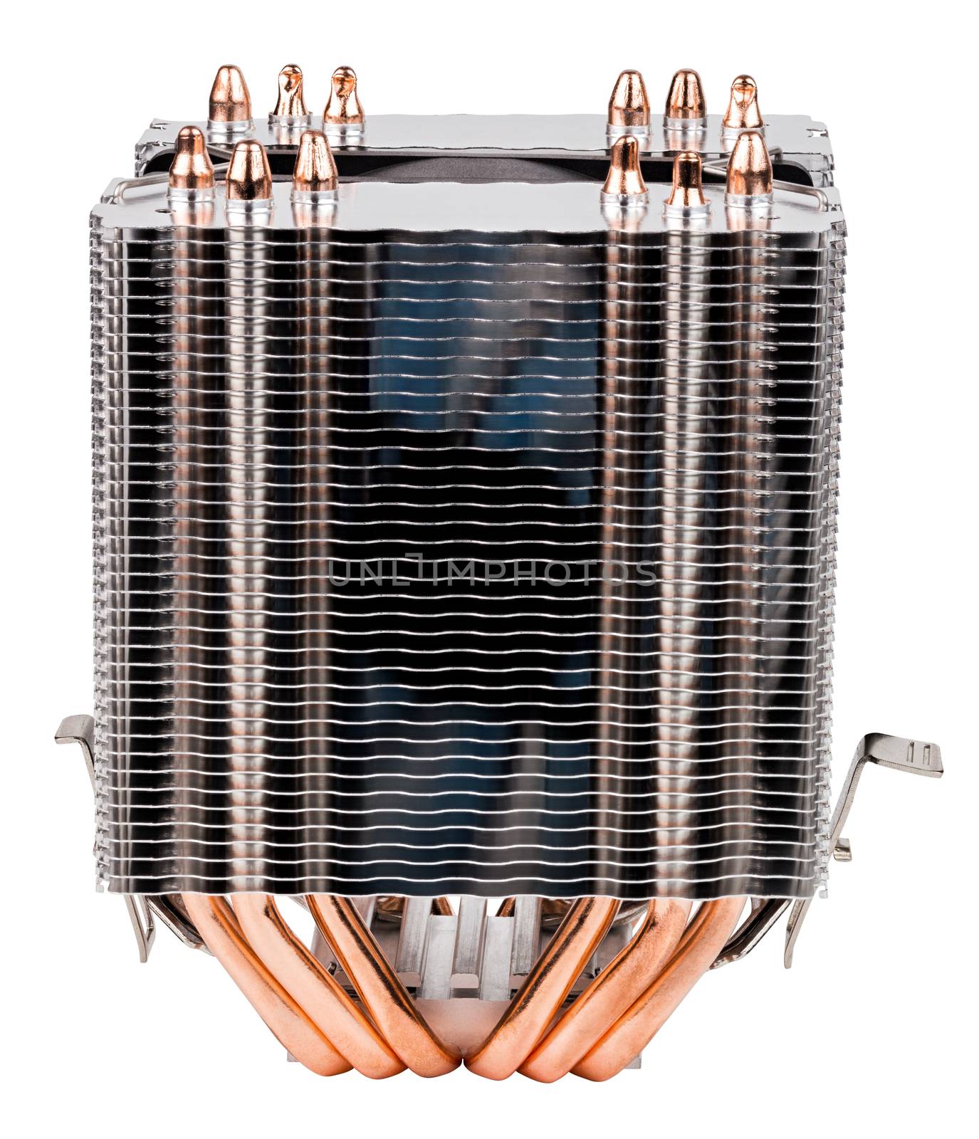 a front view of chinese noname tower-type cpu cooler with six copper heatpipes isolated on white background.
