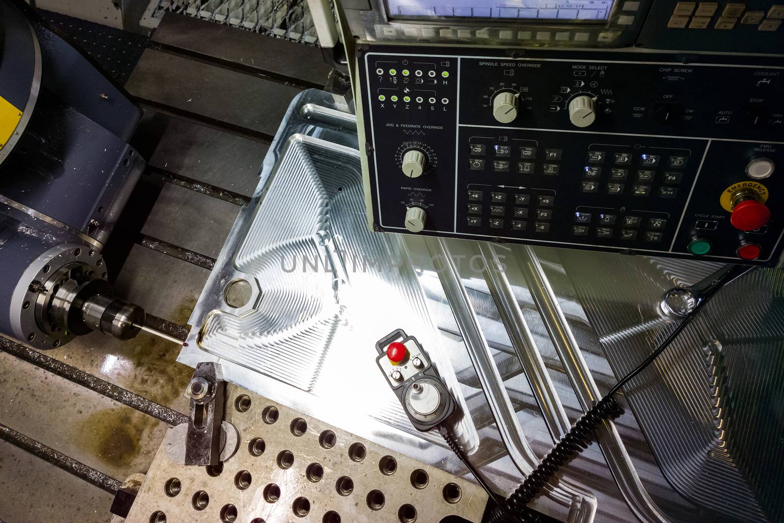 Measuring process with ruby touch probe on large CNC milling machine in jog mode.