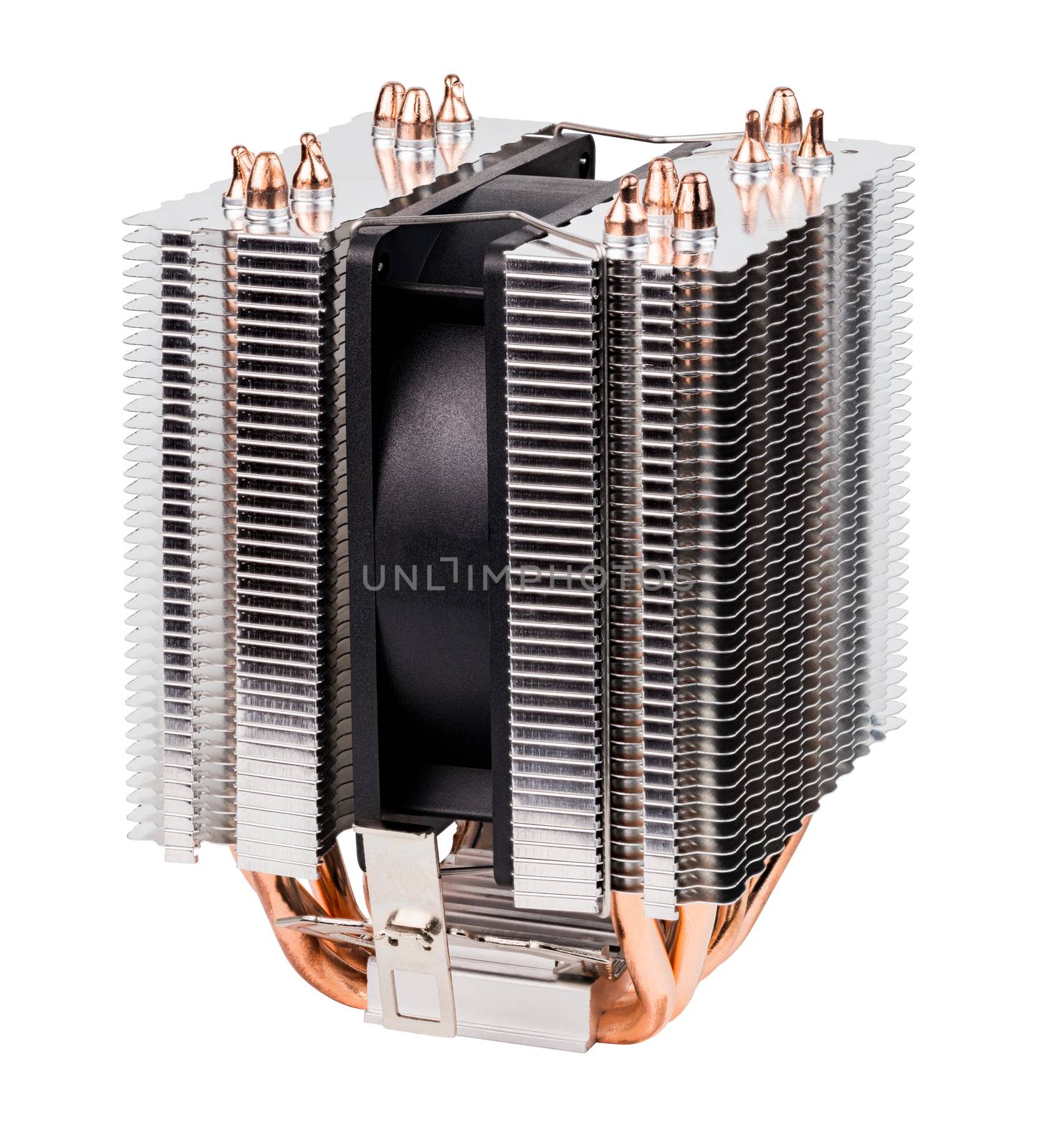 side view of noname tower-type cpu cooler with six copper heatpipes isolated on white background.