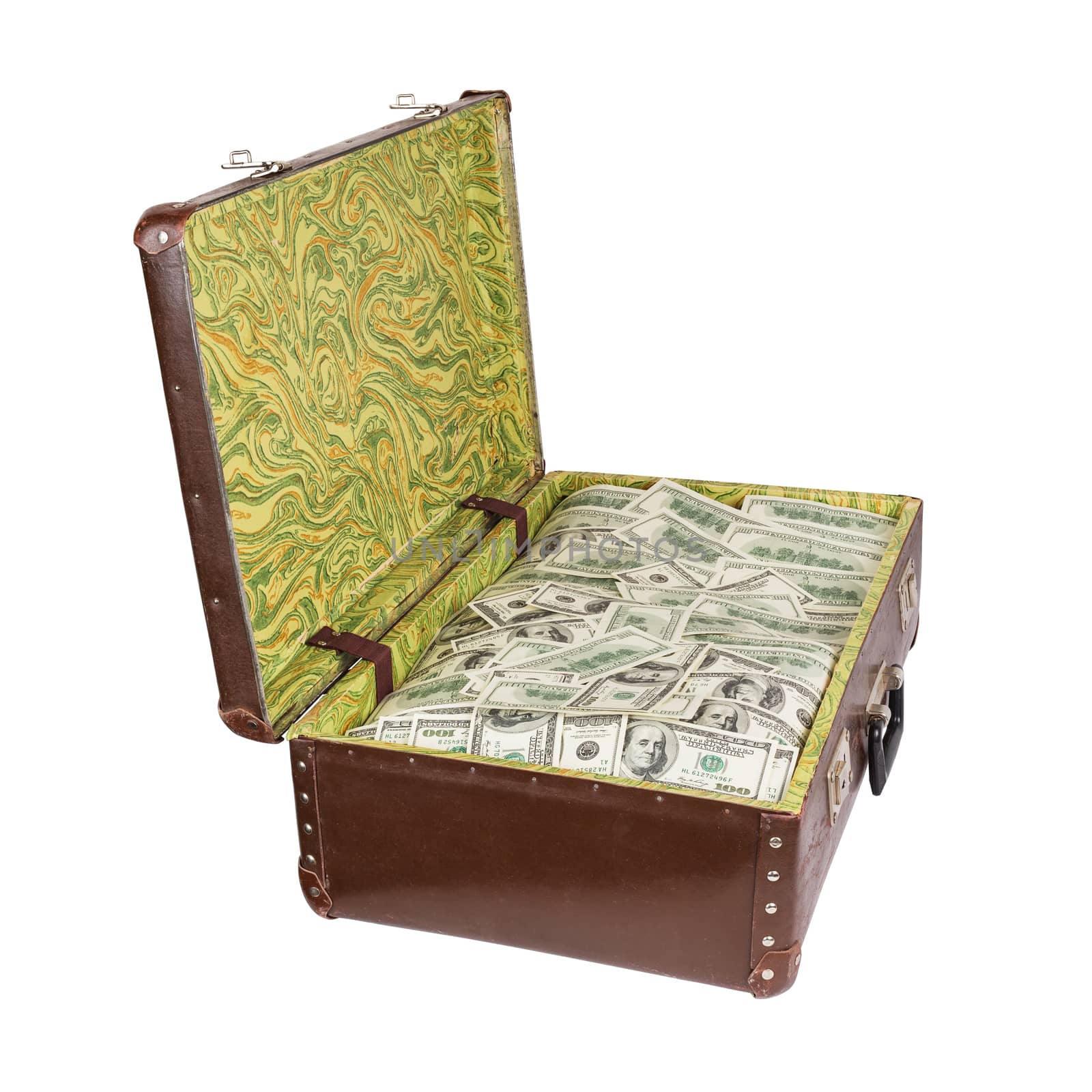 side view of old opened brown suitcase full of hundred dollar banknotes isolated on white background by z1b