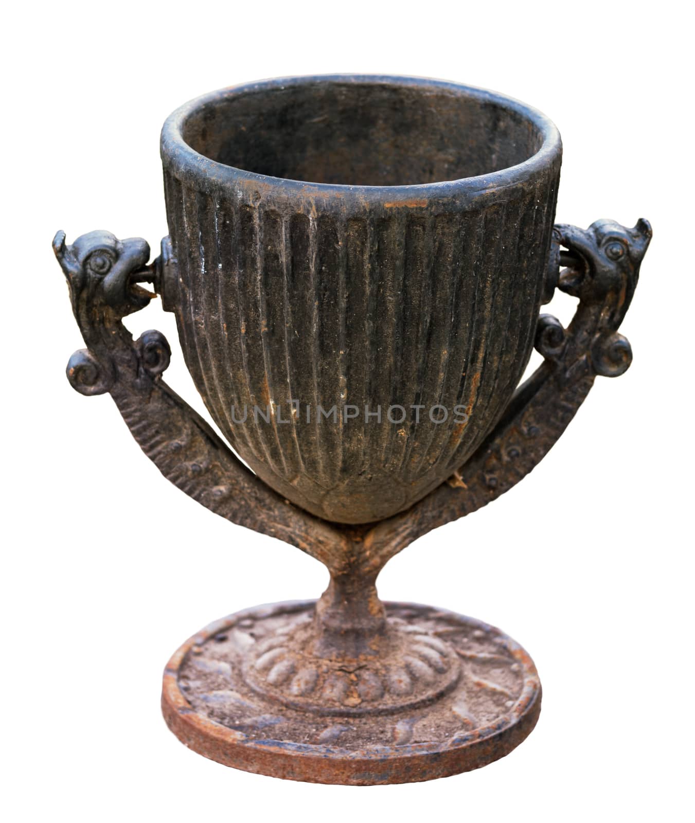 black painted thick cast iron trash bin with dragon heads sculpture elements on joints isolated on white background with selective focus.