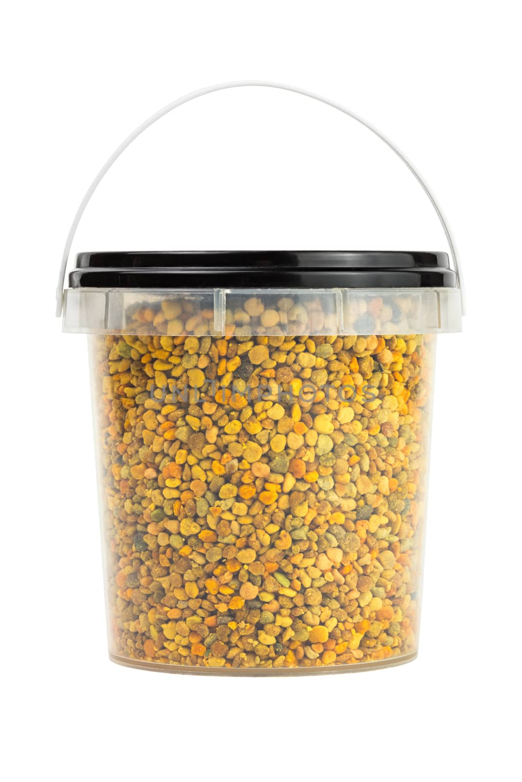 bee pollen granules in small closed plastic container isolated on white background
