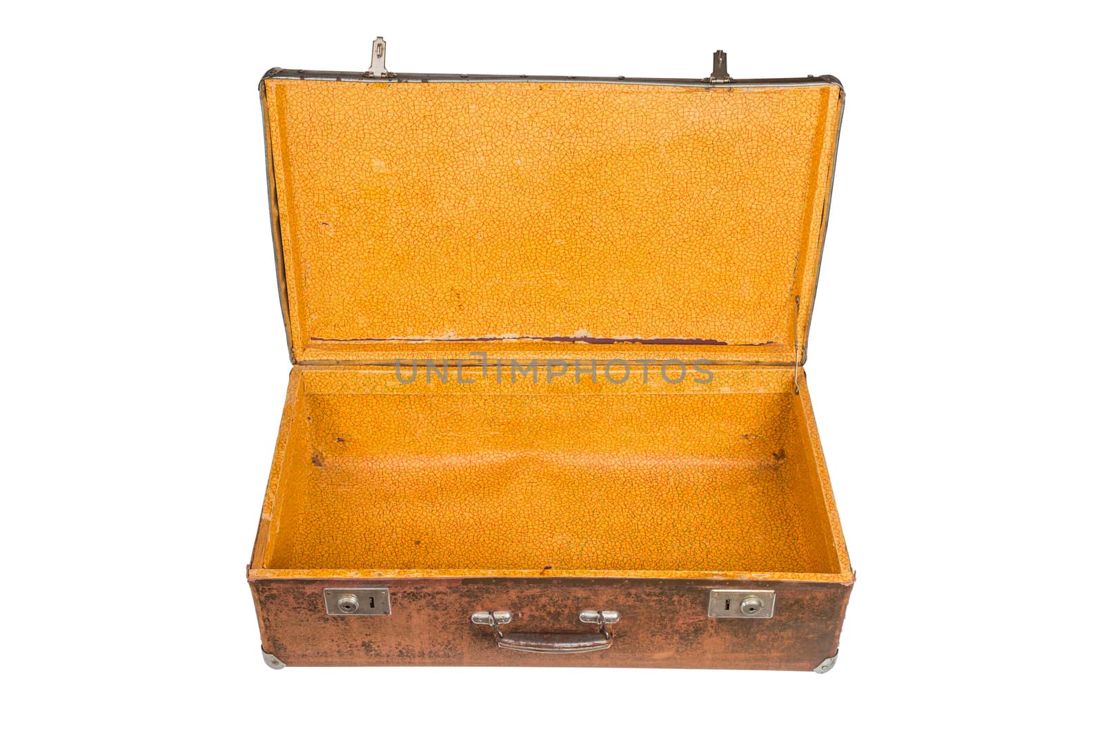old opened brown soviet fiber suitcase isolated on white background.