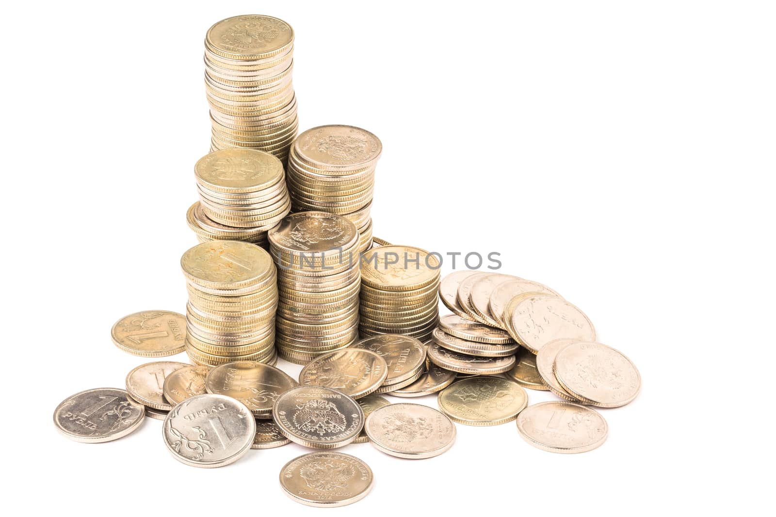 Russian rubl coin stacks group with small pile under it isolated on white background. Edge to edge sharpness.