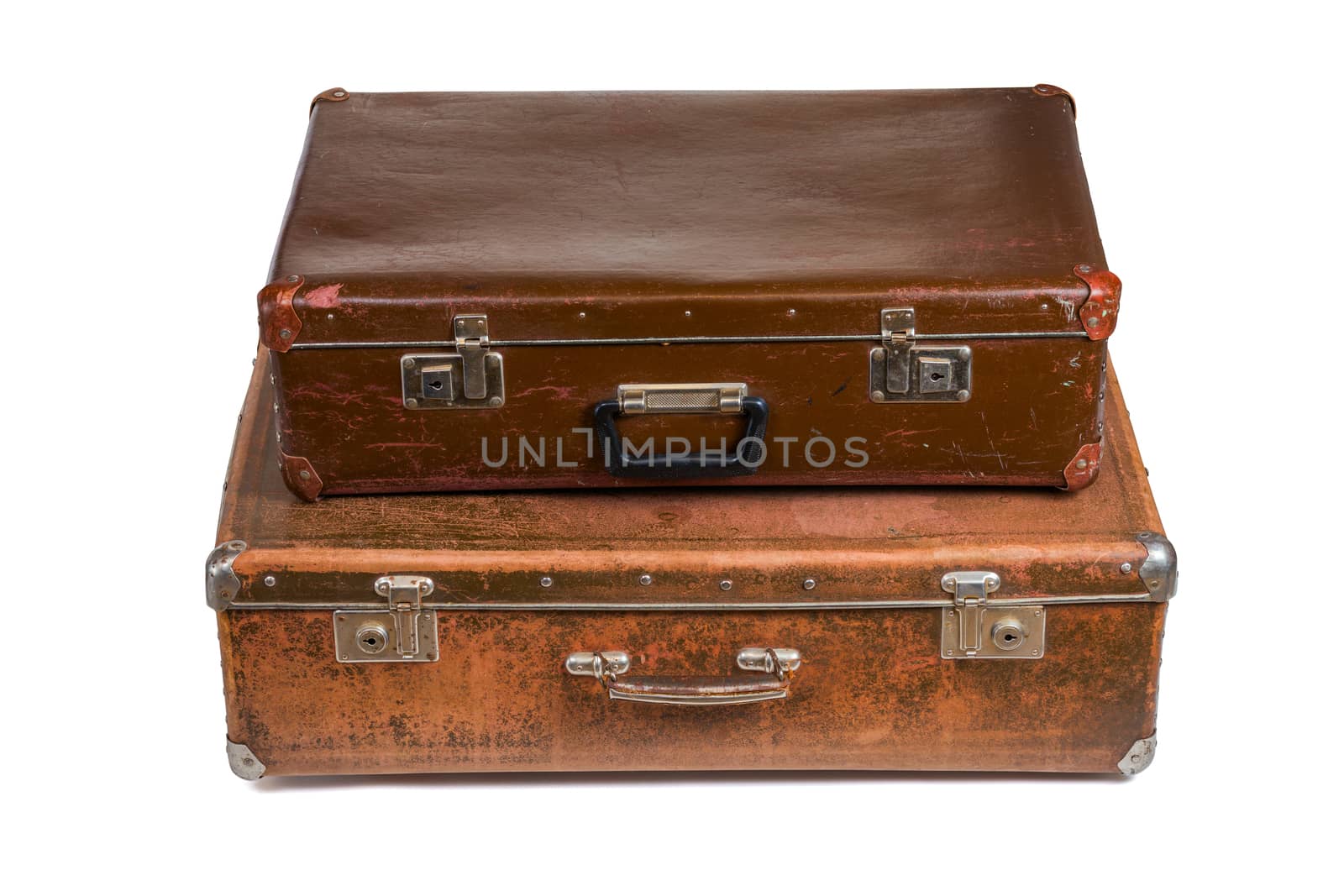 old brown soviet fiber suitcases one on top of other isolated on white background by z1b