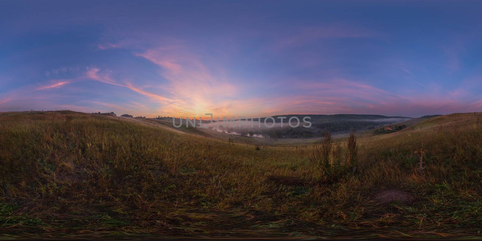Spherical 360 degrees seamless panorama in equirectangular projection, panorama of natural landscape on river sunrise. VR content from ground level