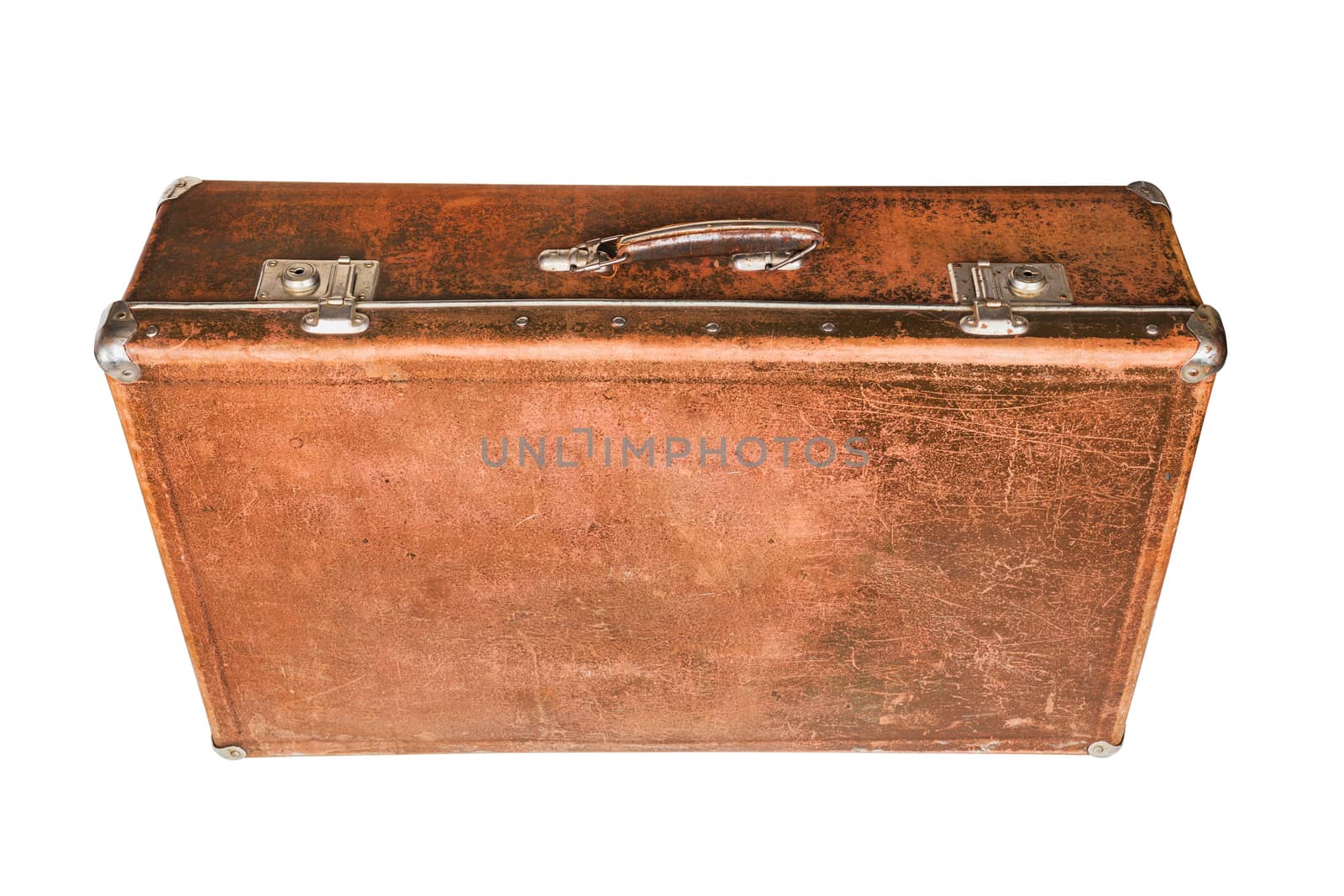 old closed brown soviet fiber suitcase isolated on white background by z1b